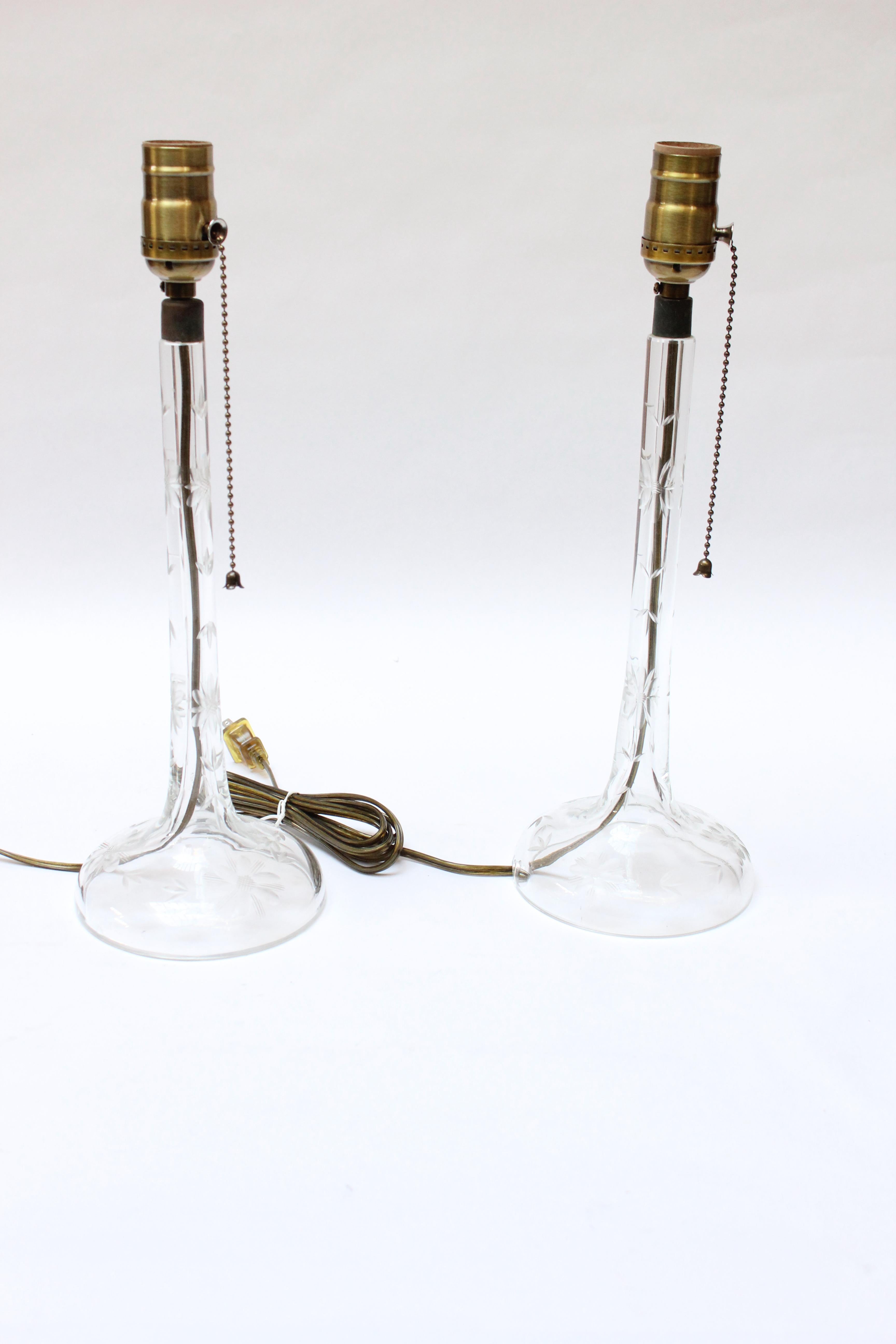 American Pair of Vintage Art Deco Etched Crystal Table Lamps For Sale