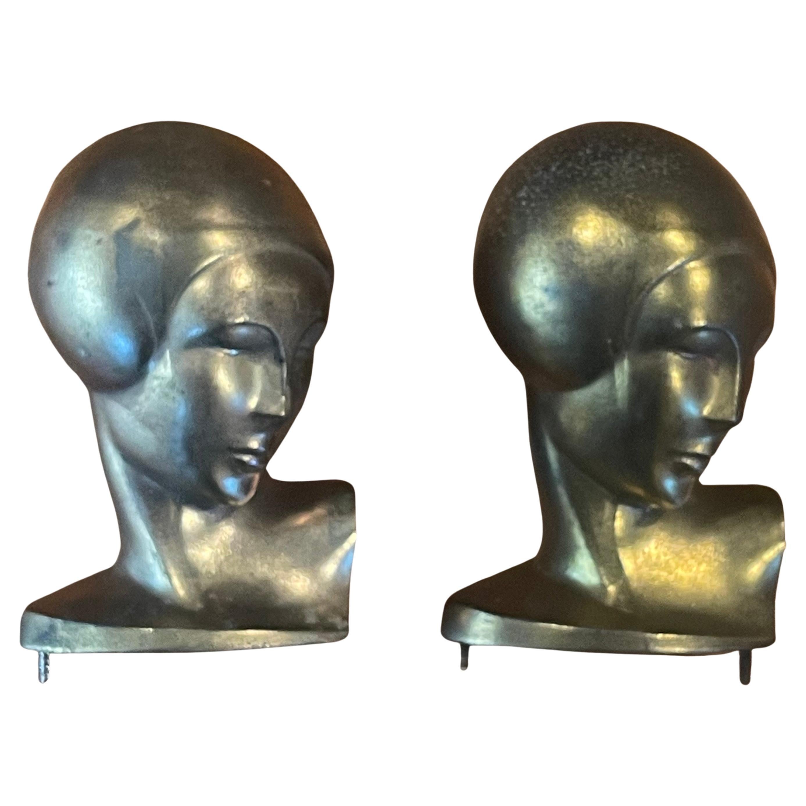 Pair of Vintage Art Deco Goldtone Heads or Busts of a Woman by Frankart For Sale 9