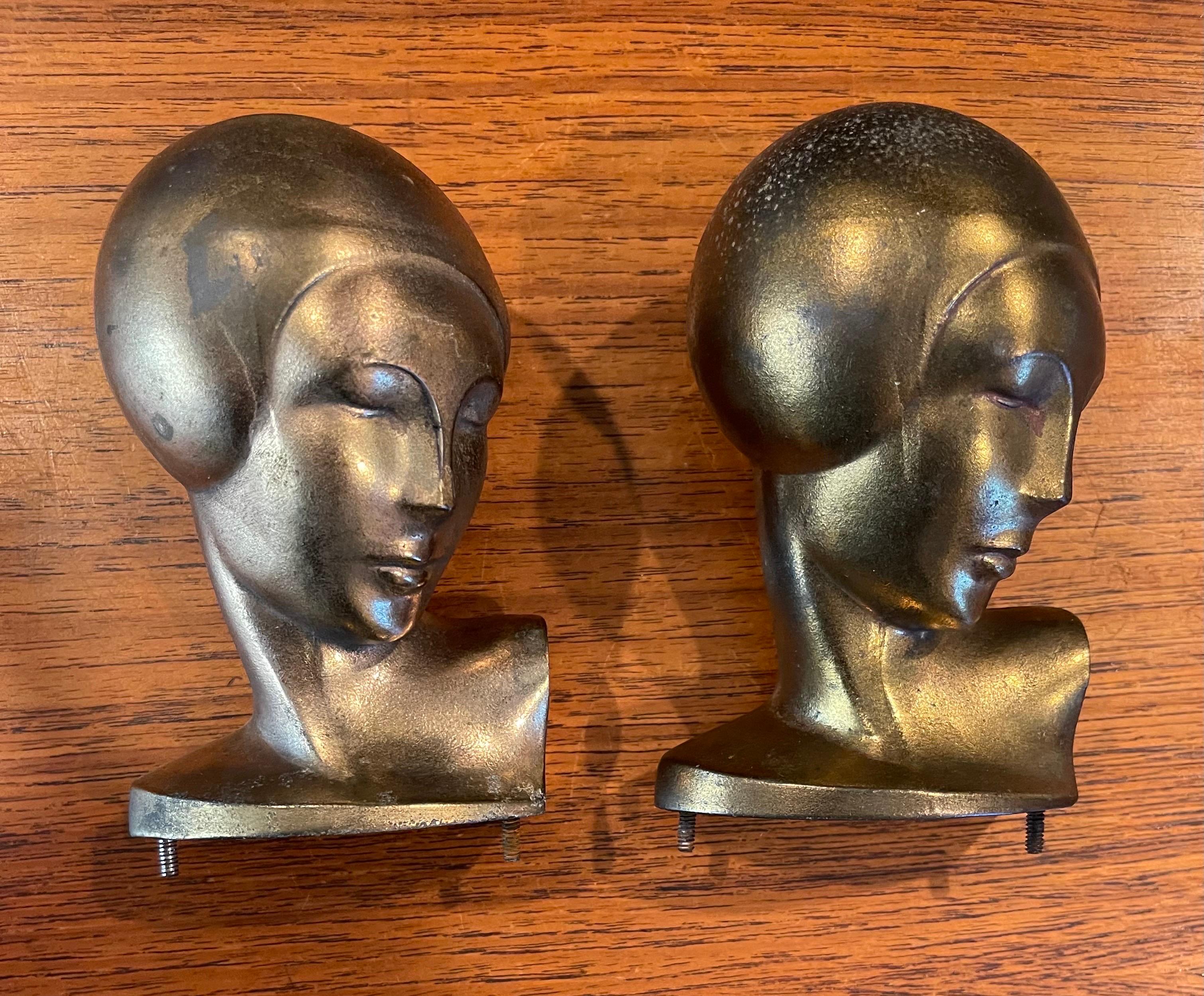 Pair of Vintage Art Deco Goldtone Heads or Busts of a Woman by Frankart In Fair Condition For Sale In San Diego, CA