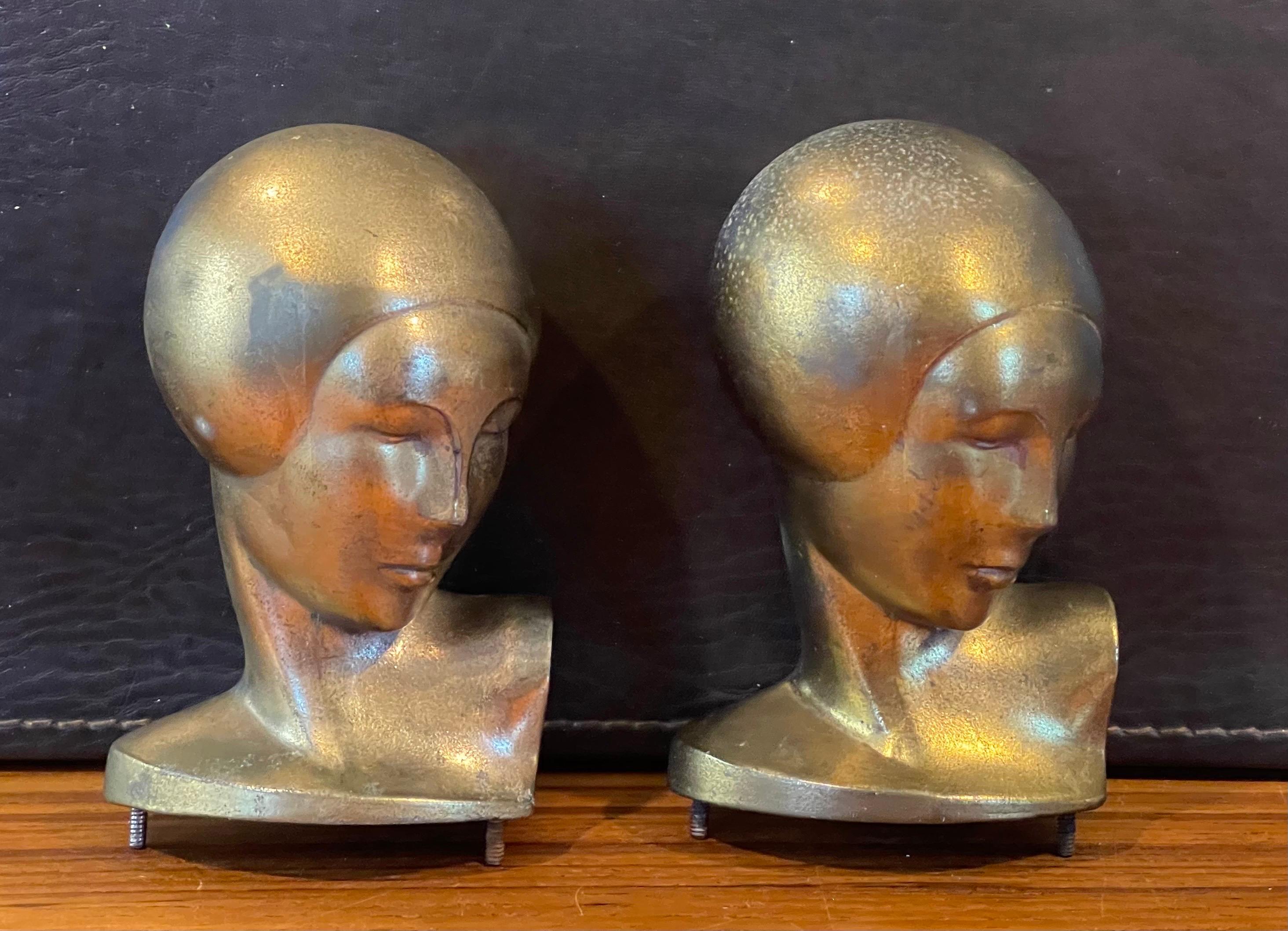 Pair of Vintage Art Deco Goldtone Heads or Busts of a Woman by Frankart In Fair Condition For Sale In San Diego, CA