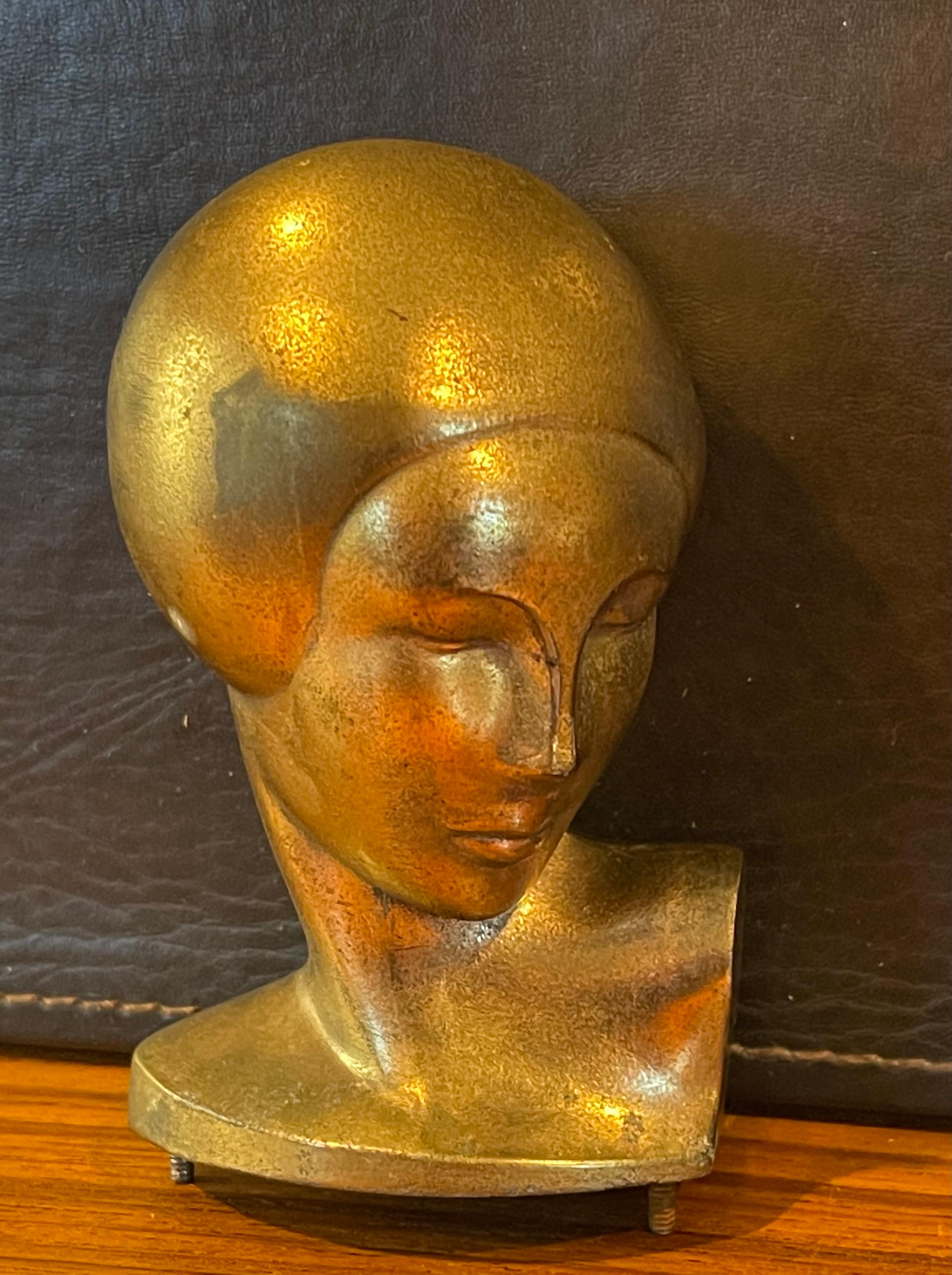 Metal Pair of Vintage Art Deco Goldtone Heads or Busts of a Woman by Frankart For Sale