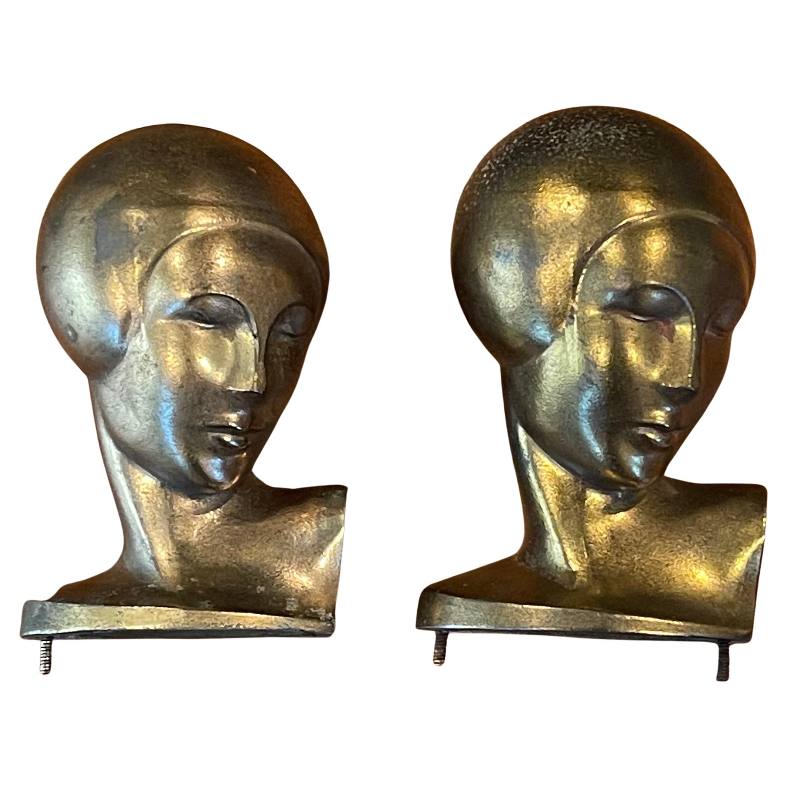 Pair of Vintage Art Deco Goldtone Heads or Busts of a Woman by Frankart For Sale