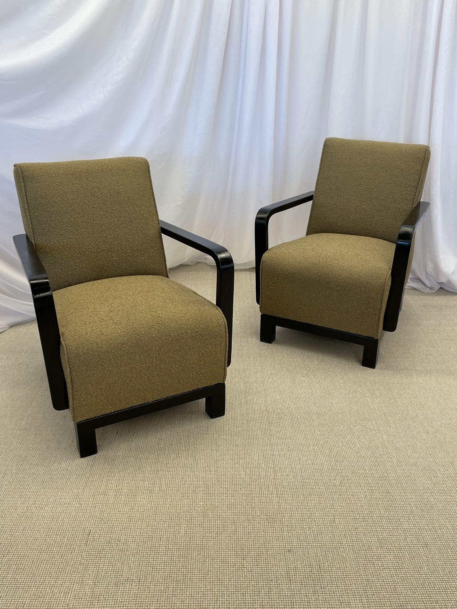 Mid-Century Modern Pair of Vintage Art Deco Lounge / Arm Chairs, Ebony Wood, Boucle, Sweden, 1940s For Sale