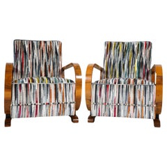 Paar Vintage Art Deco Lounge Stühle mit Nussbaum Armlehnen
