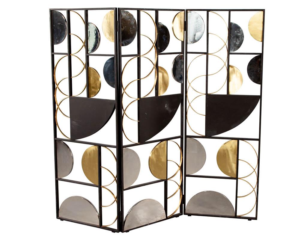 Pair of vintage Art Deco metal room divider screens P. Depucca 67. Featuring 3 panels composed of steel, brass laminated with brass and nickel details. Signed P. Depucca 67. All original from France, circa 1960's. Price includes complimentary curb