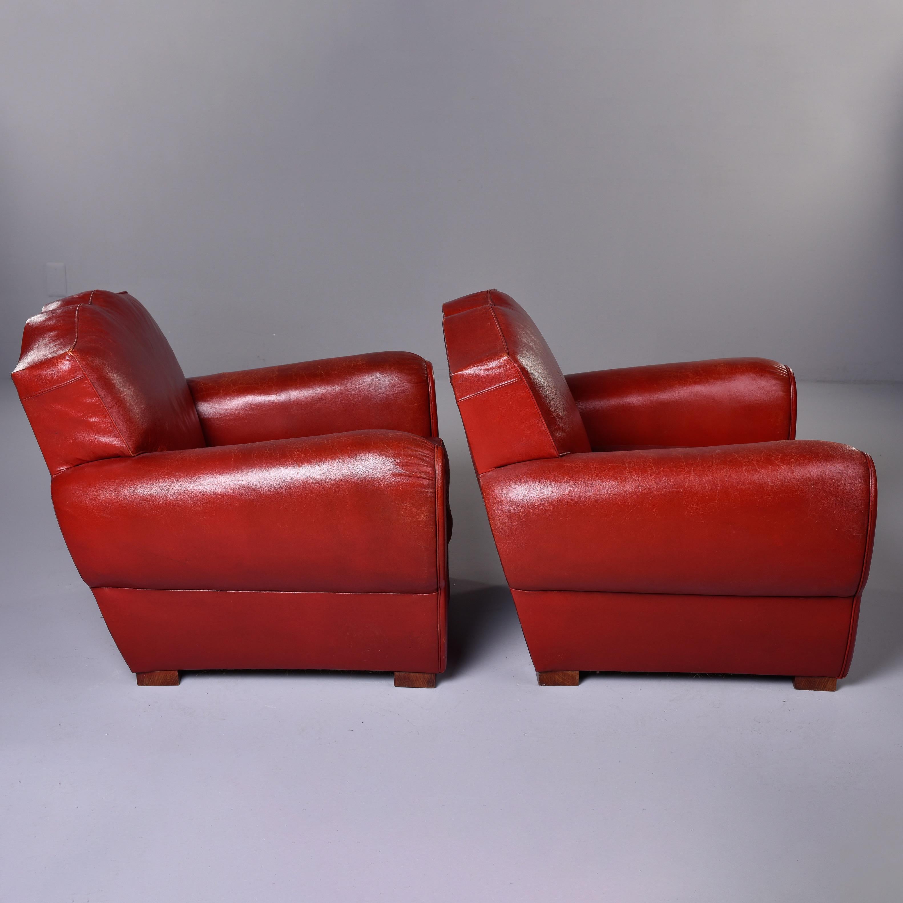 Pair of Vintage Art Deco Style Red Leather Club Chairs with Mustache Back 2