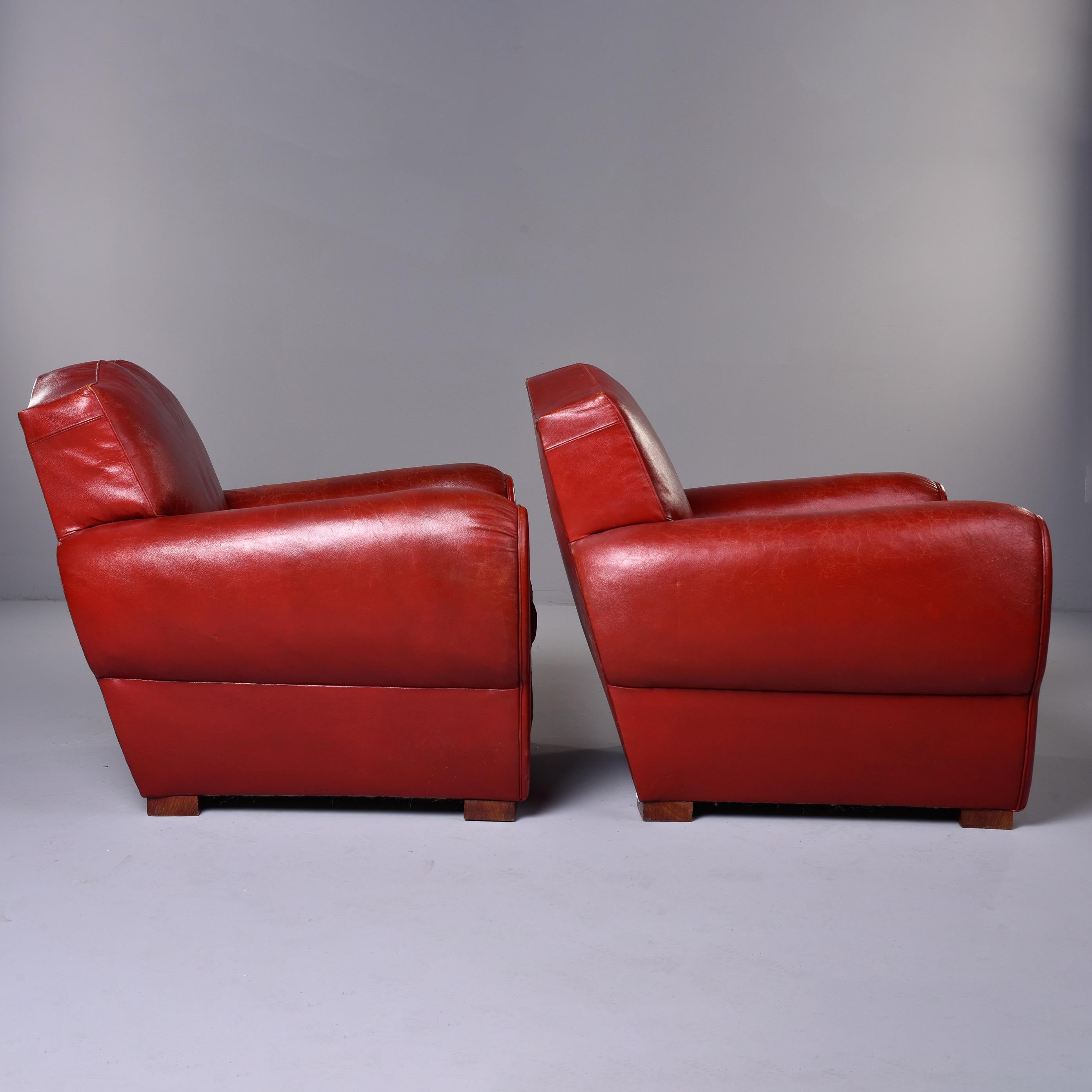 Pair of Vintage Art Deco Style Red Leather Club Chairs with Mustache Back 3
