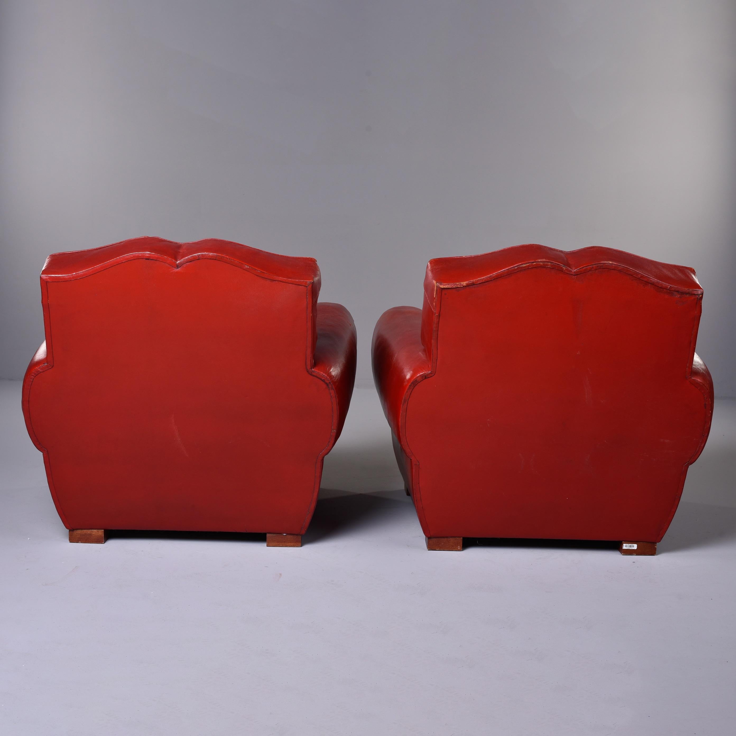 Pair of Vintage Art Deco Style Red Leather Club Chairs with Mustache Back 4