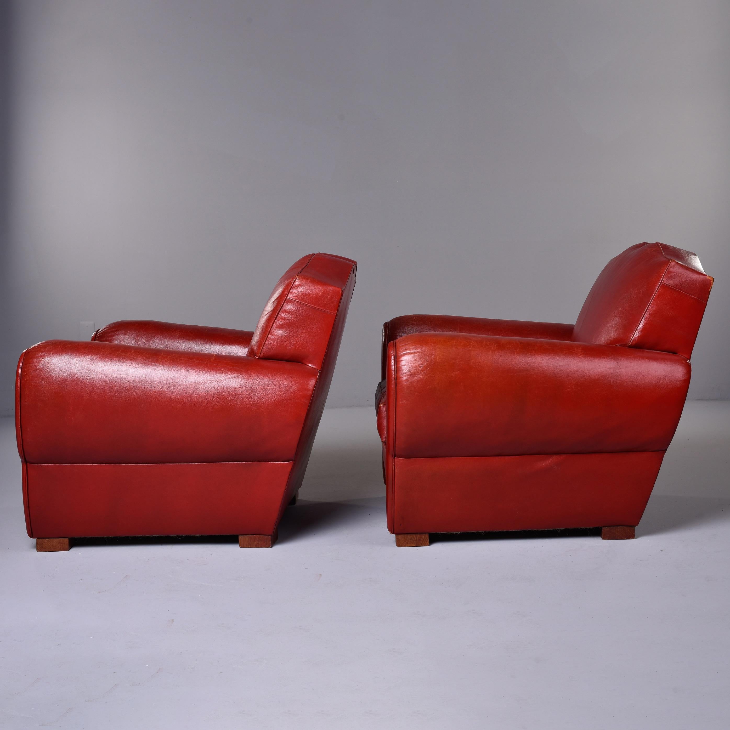 Pair of Vintage Art Deco Style Red Leather Club Chairs with Mustache Back 6