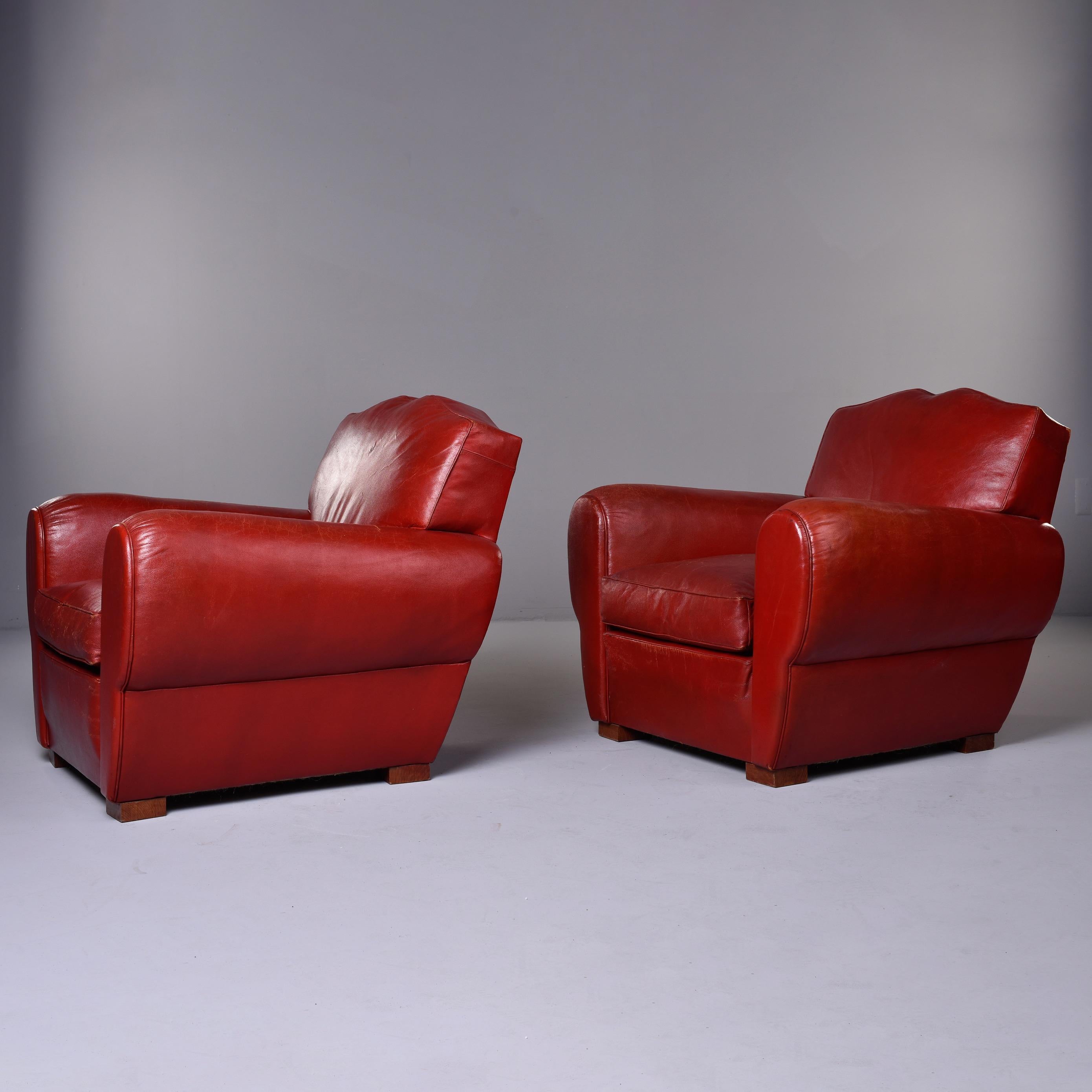 Pair of Vintage Art Deco Style Red Leather Club Chairs with Mustache Back 7