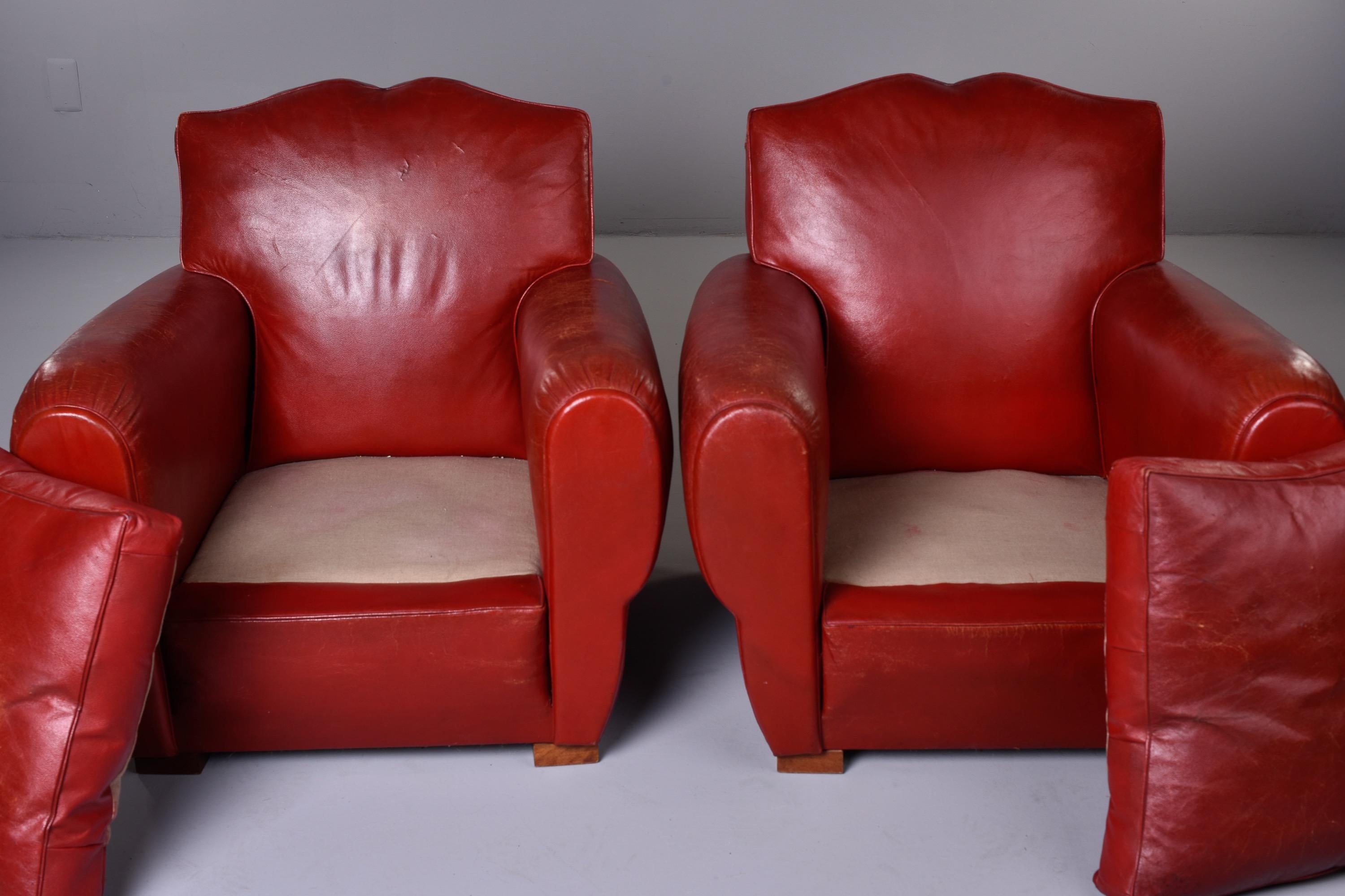 Pair of Vintage Art Deco Style Red Leather Club Chairs with Mustache Back In Good Condition In Troy, MI