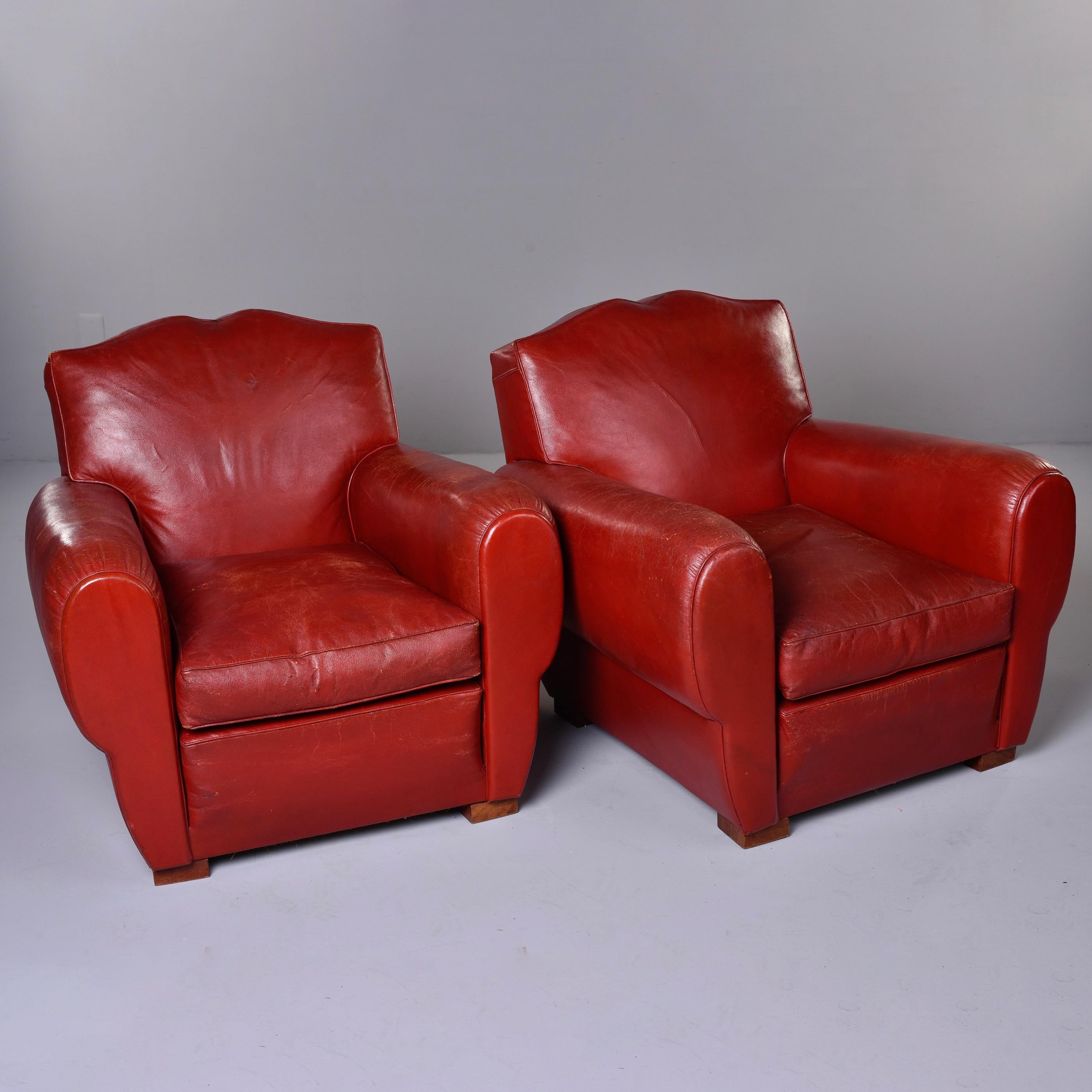 20th Century Pair of Vintage Art Deco Style Red Leather Club Chairs with Mustache Back