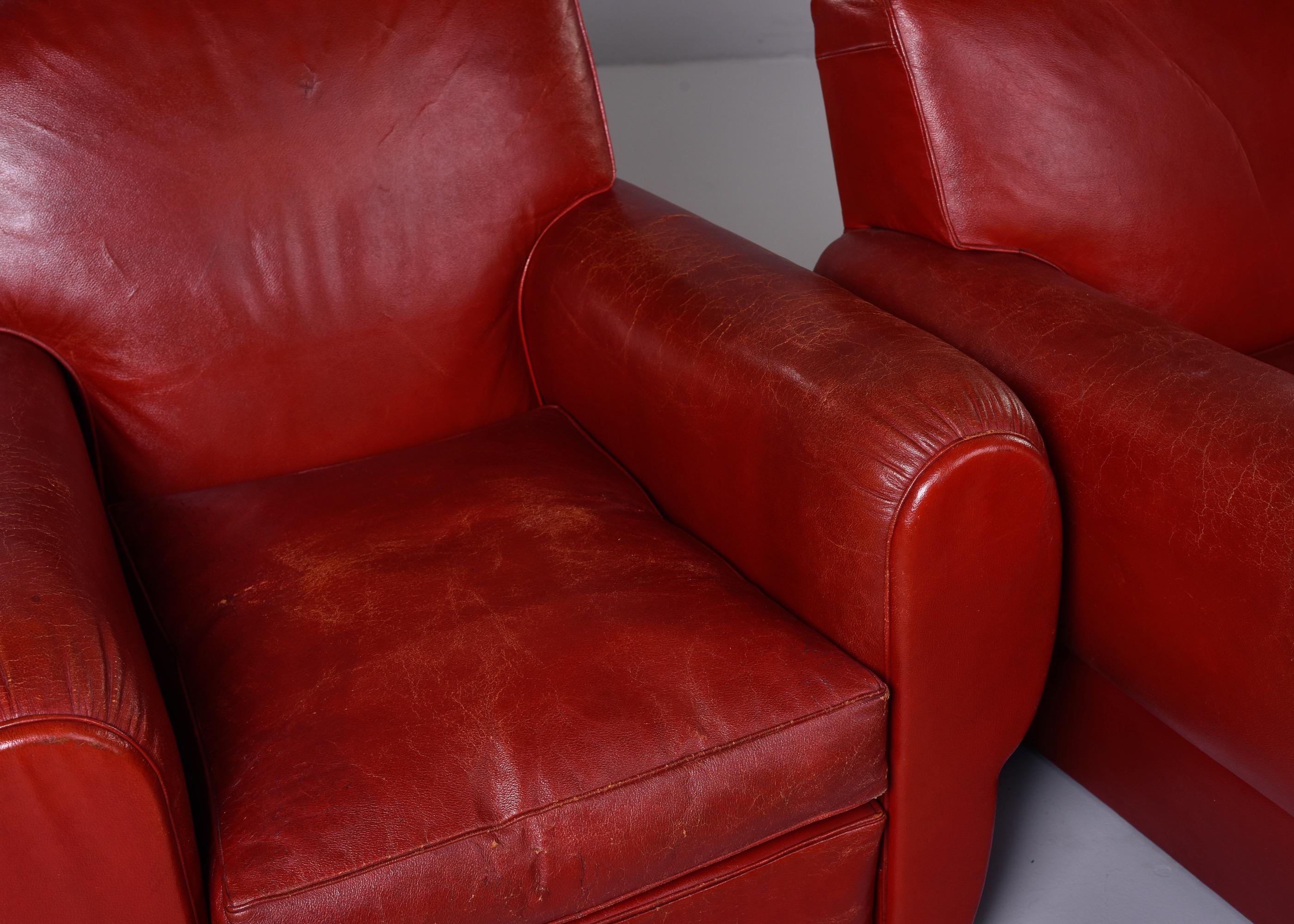 Pair of Vintage Art Deco Style Red Leather Club Chairs with Mustache Back 1