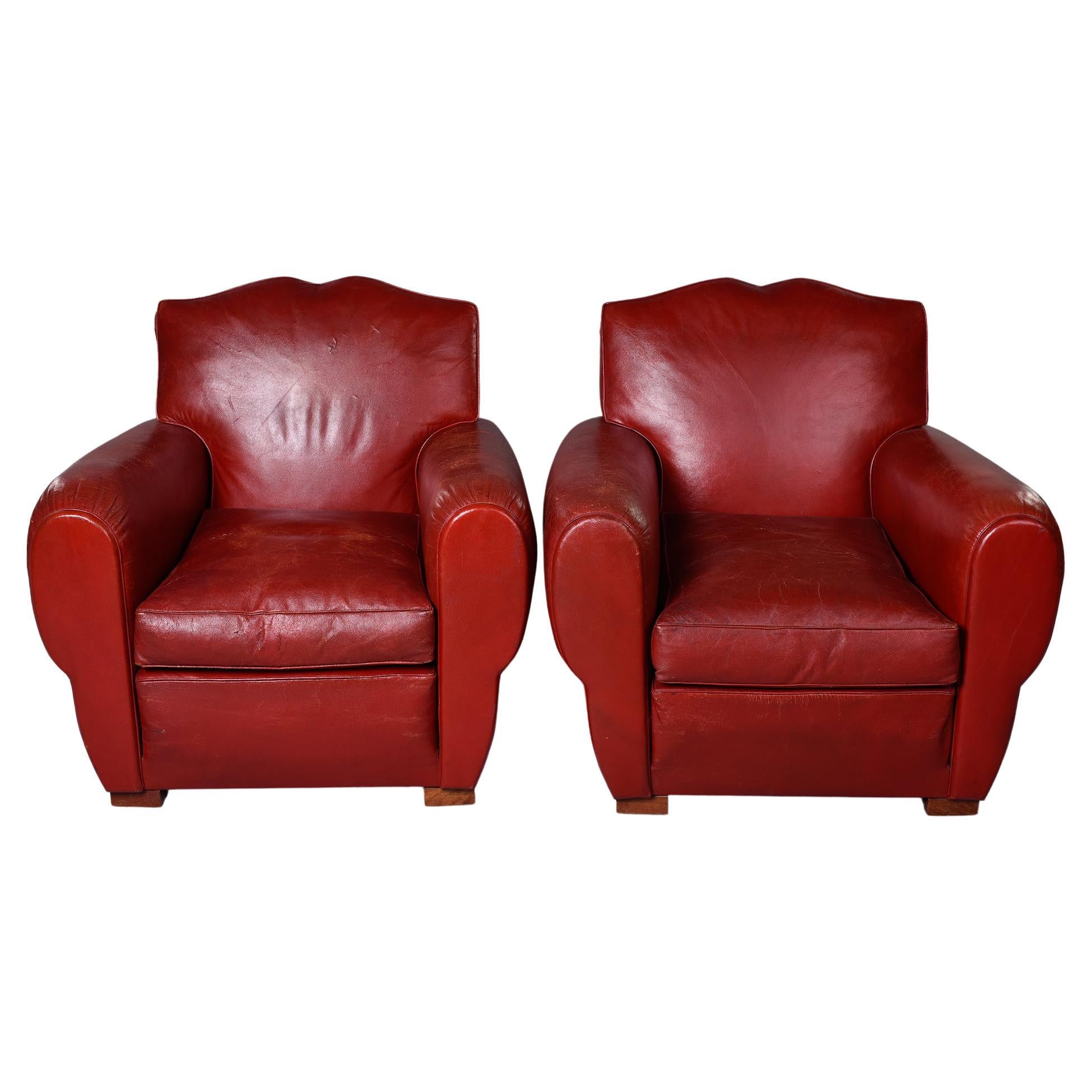 Pair of Vintage Art Deco Style Red Leather Club Chairs with Mustache Back