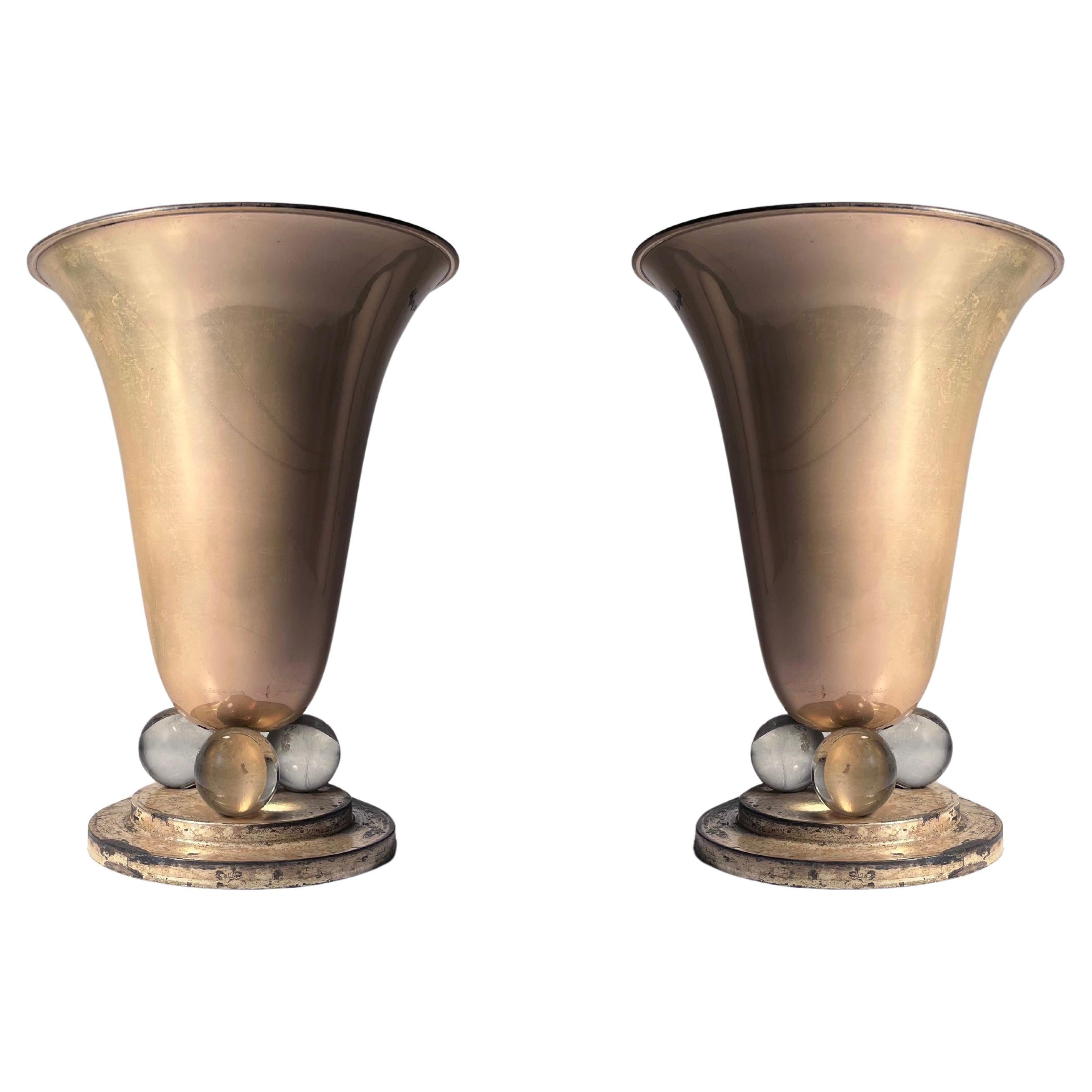 Paar Vintage Art Deco Tulip Torchiere Uplight Jules Leleu Tischlampen