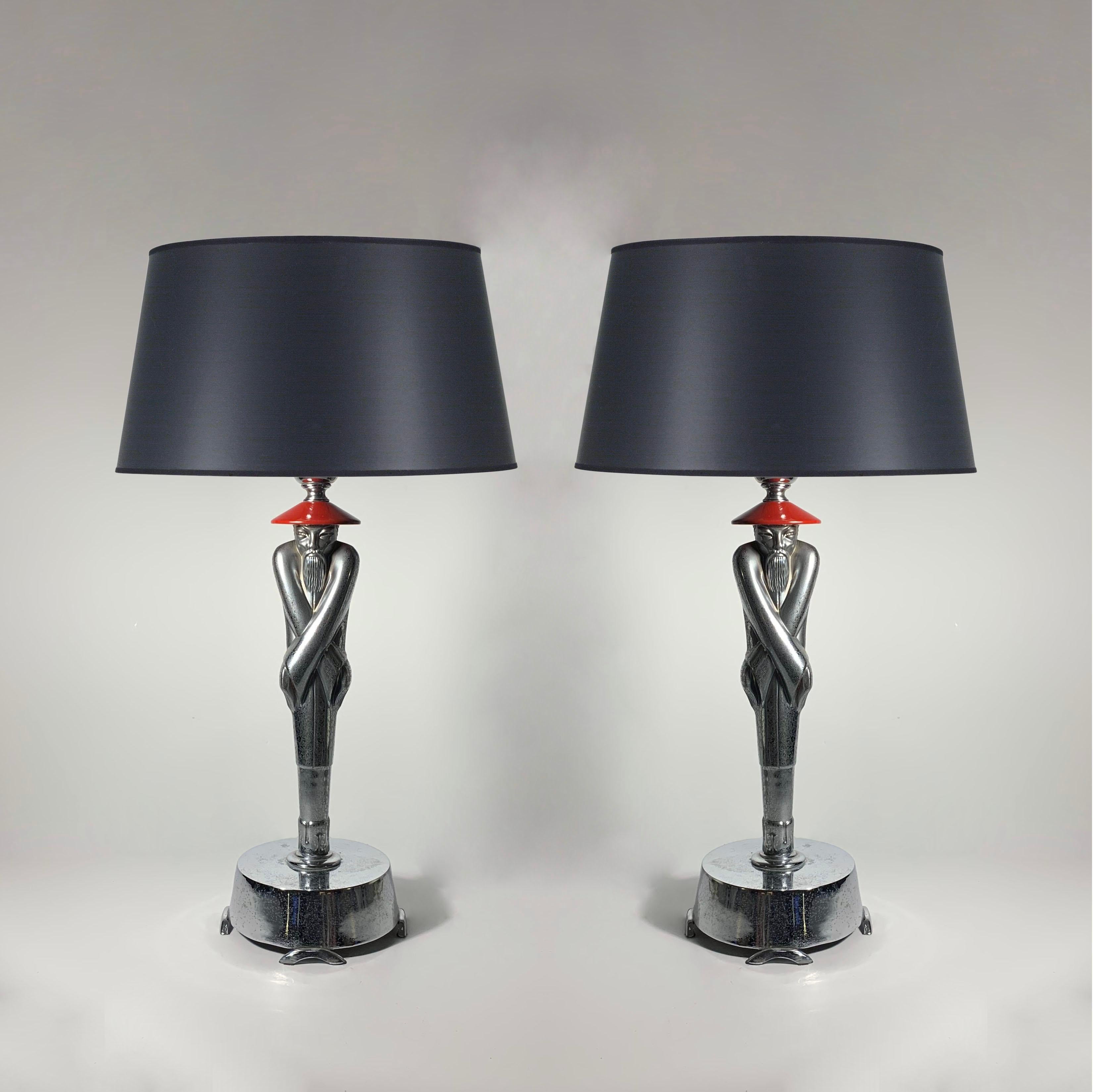 A period early pair of Viktor Schreckengost table lamps stylized in the asian / oriental taste. 

Places well into interiors of deco, hollywood regency, mid century modern, Paul Frankl and James Mont