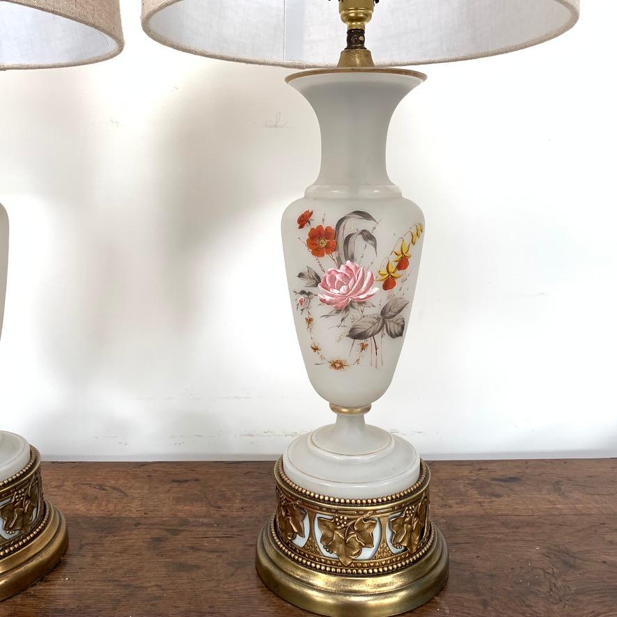 Pair of Vintage Art Nouveau Style Frosted Glass and Gilded Table Lamps 1
