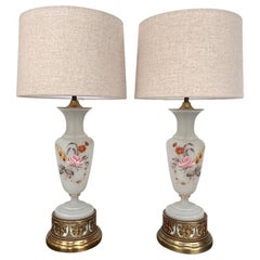 Pair of Vintage Art Nouveau Style Frosted Glass and Gilded Table Lamps