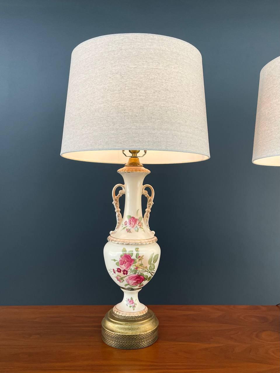 American Pair of Vintage Art Victorian Hand Painted Porcelain & Gilded Table Lamps For Sale