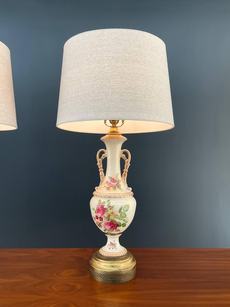 Pair of Vintage Art Victorian Hand Painted Porcelain & Gilded Table Lamps In Good Condition For Sale In Los Angeles, CA