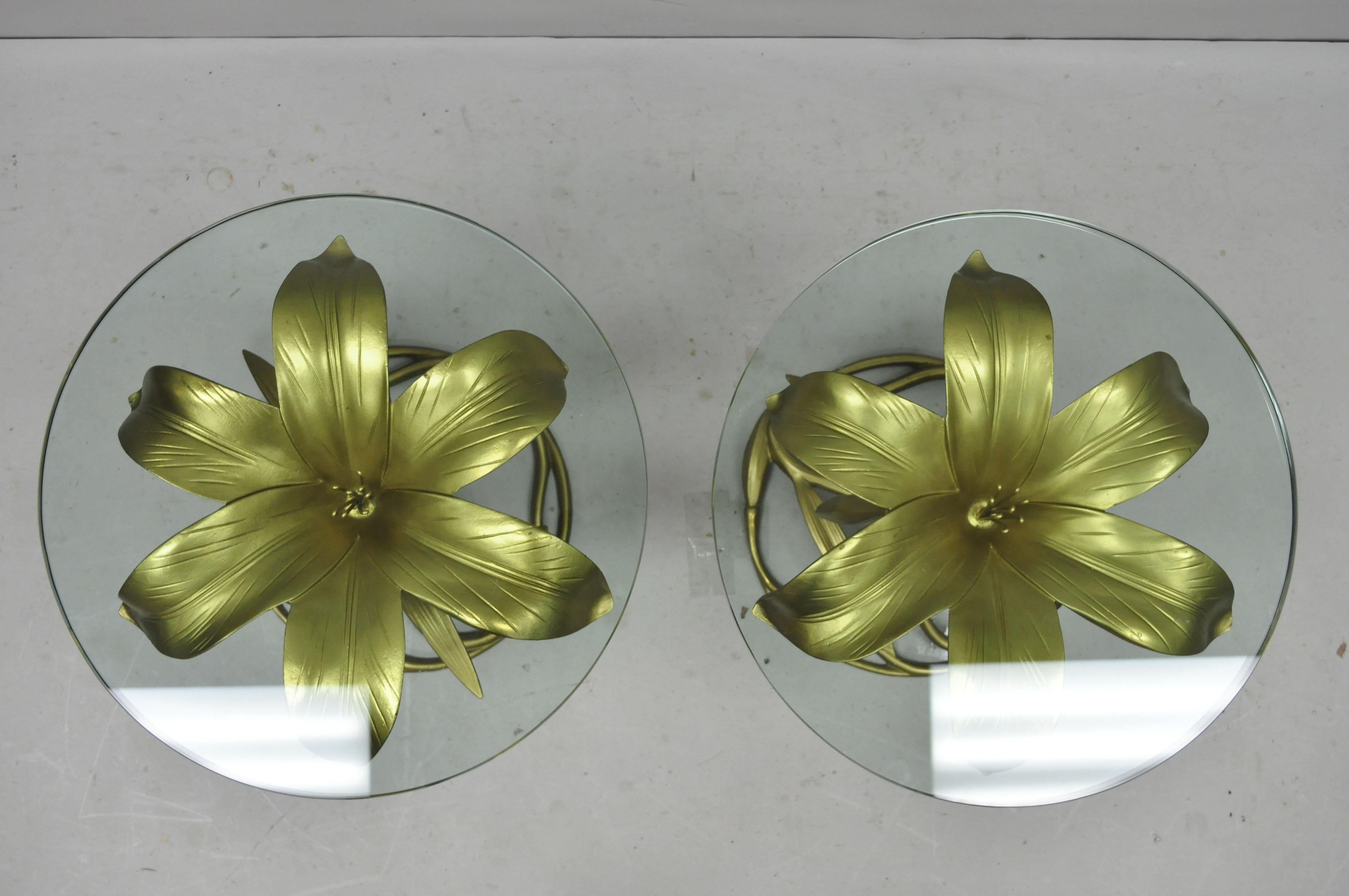 Pair of Vintage Arthur Court Gold Lily Flower Leaf Round Glass Top Side Tables 3