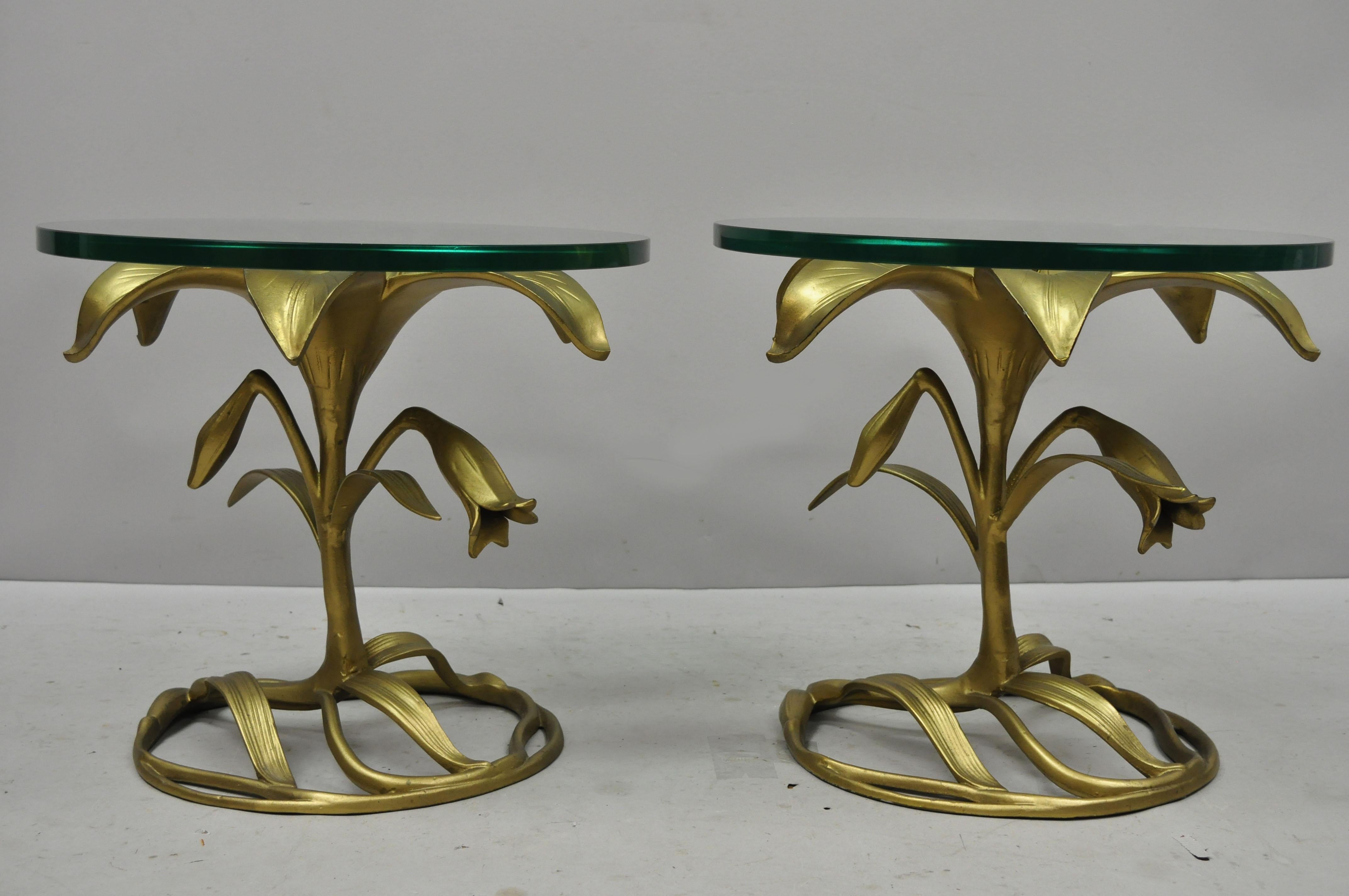 Pair of Vintage Arthur Court Gold Lily Flower Leaf Round Glass Top Side Tables 4