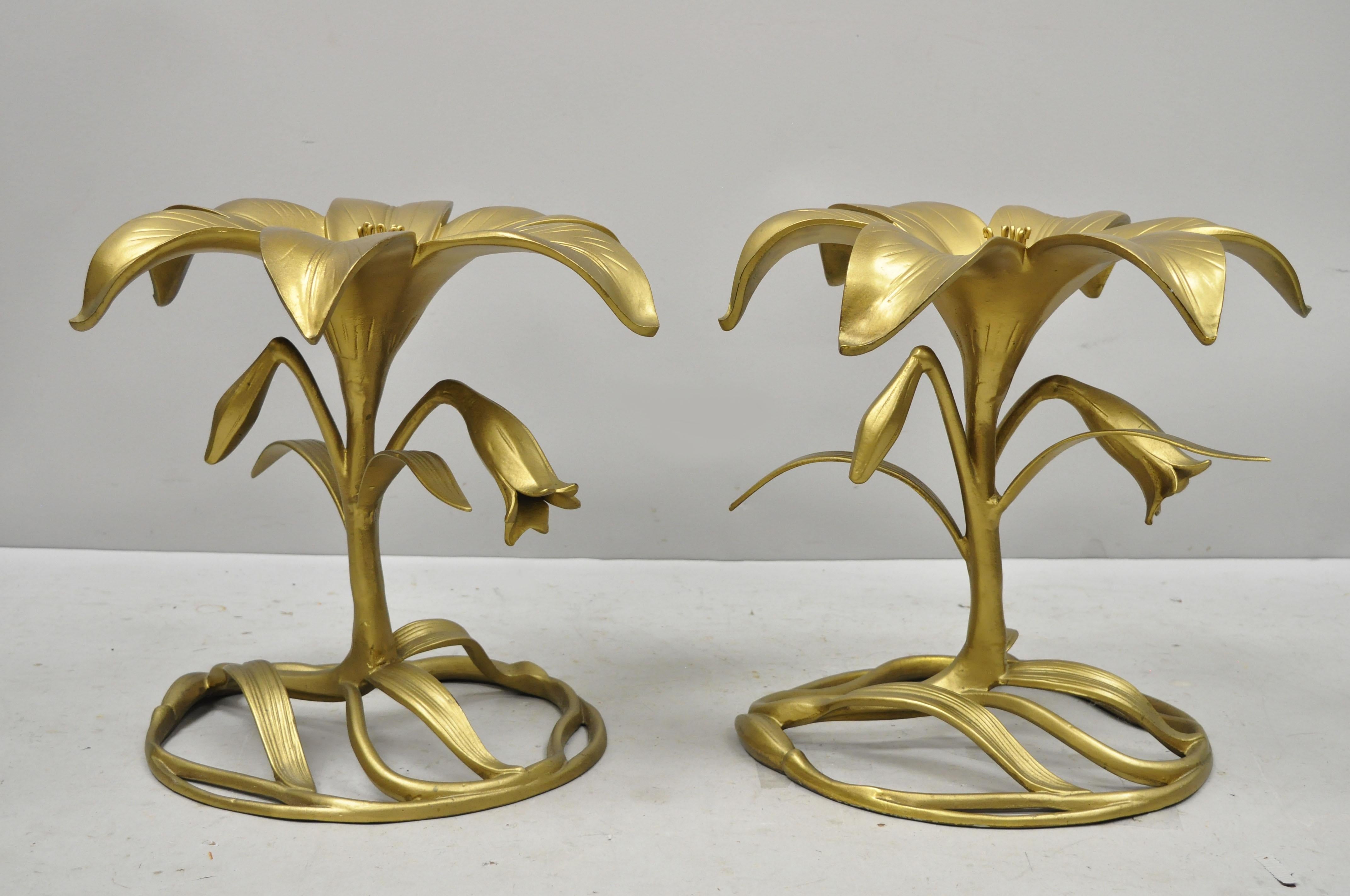 Art Nouveau Pair of Vintage Arthur Court Gold Lily Flower Leaf Round Glass Top Side Tables
