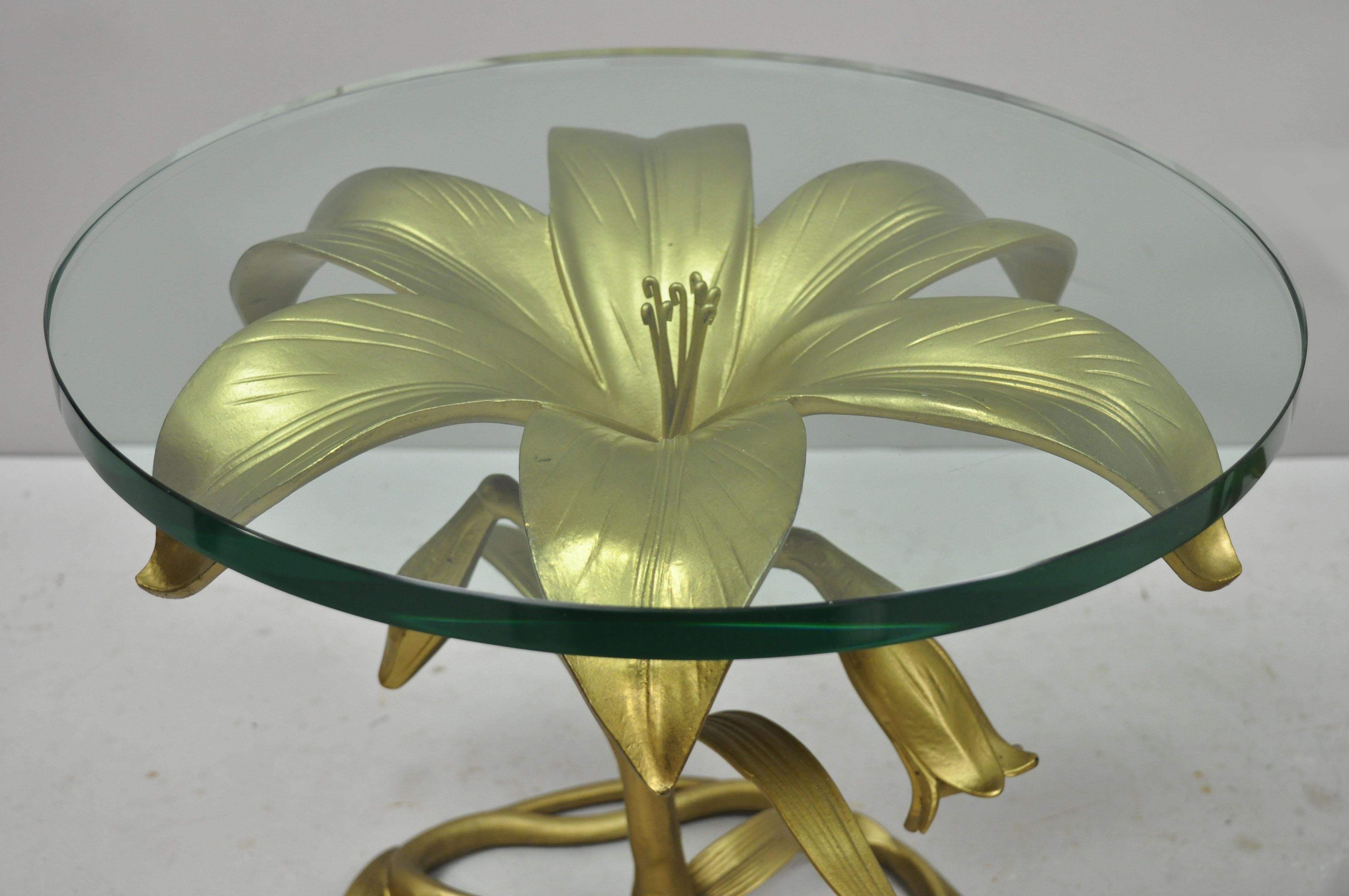 American Pair of Vintage Arthur Court Gold Lily Flower Leaf Round Glass Top Side Tables