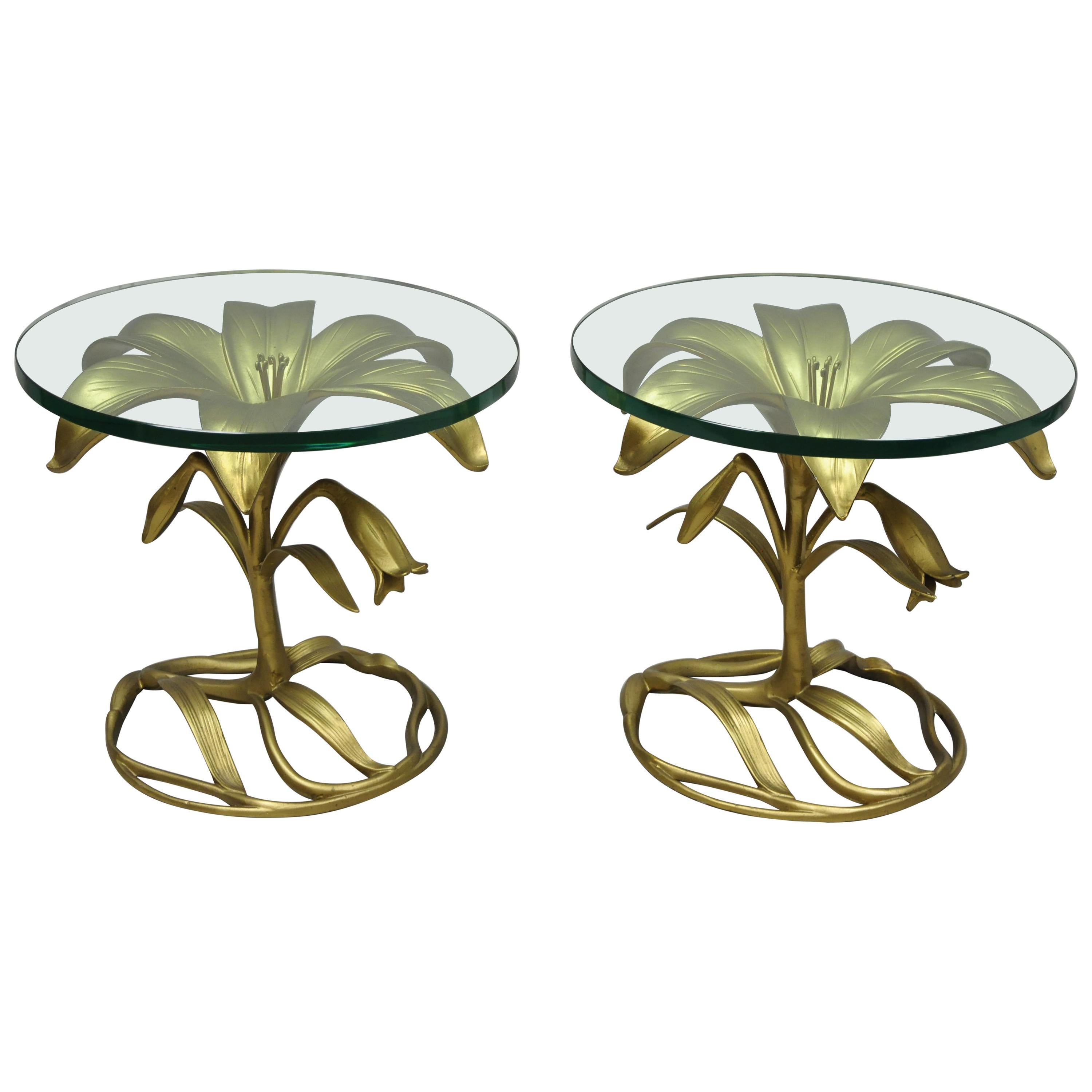 Pair of Vintage Arthur Court Gold Lily Flower Leaf Round Glass Top Side Tables