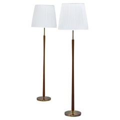 Pair of Vintage ASEA Brass and Teak Floor Lamps with Hand-Sewn Off-White Shades 