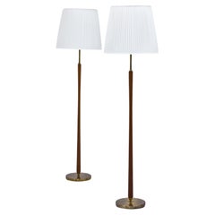 Pair of Vintage ASEA Brass and Teak Floor Lamps with Hand-Sewn Off-White Shades