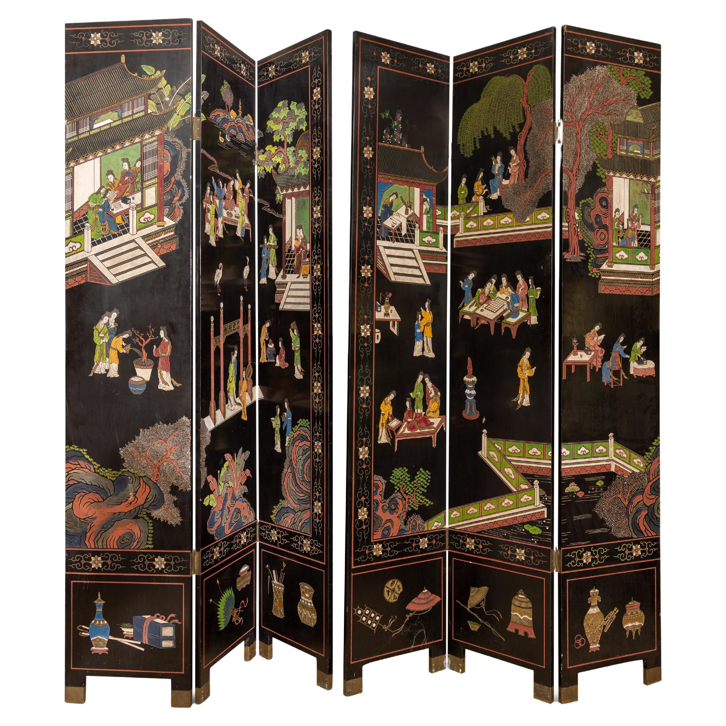 Pair of Vintage Asian 3 Panel Screens with Intricate Hand Painted Detail