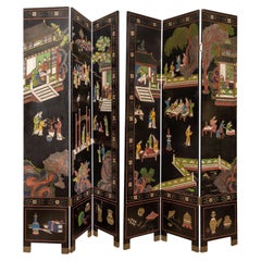 Pair of Retro Asian 3 Panel Screens with Intricate Hand Painted Detail