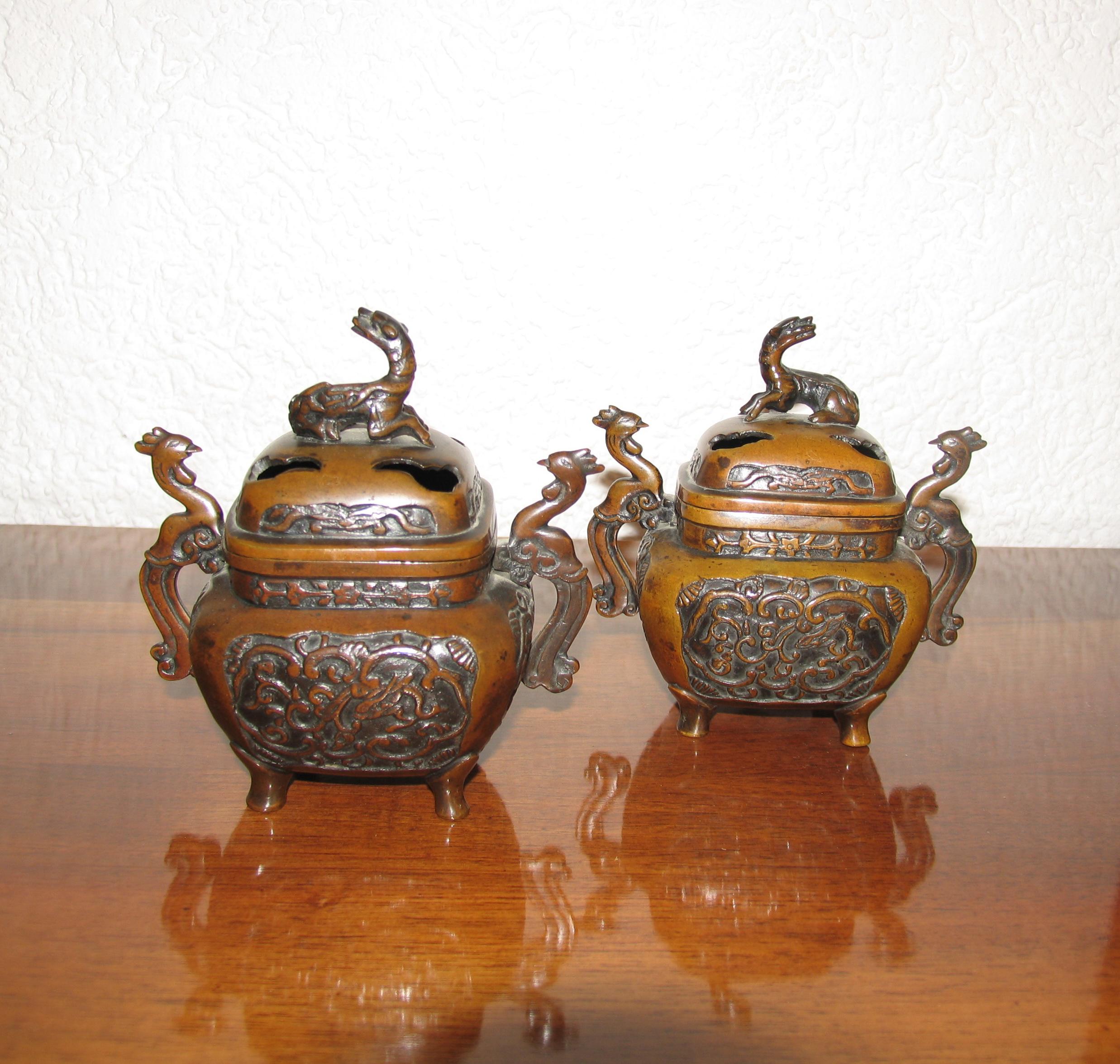 Chinese Pair of Vintage Asian Bronze Incense Burners For Sale