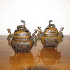Pair of Vintage Asian Bronze Incense Burners, Koro