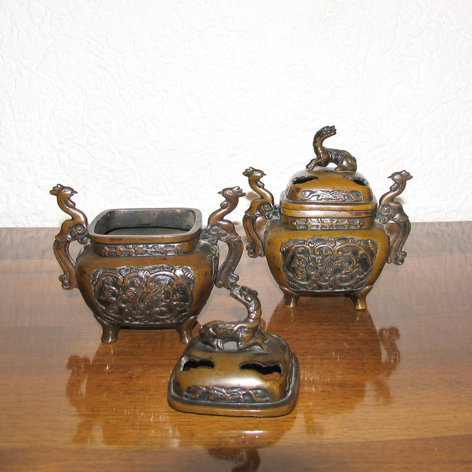 Chinese Pair of Vintage Asian Bronze Incense Burners , Koro For Sale