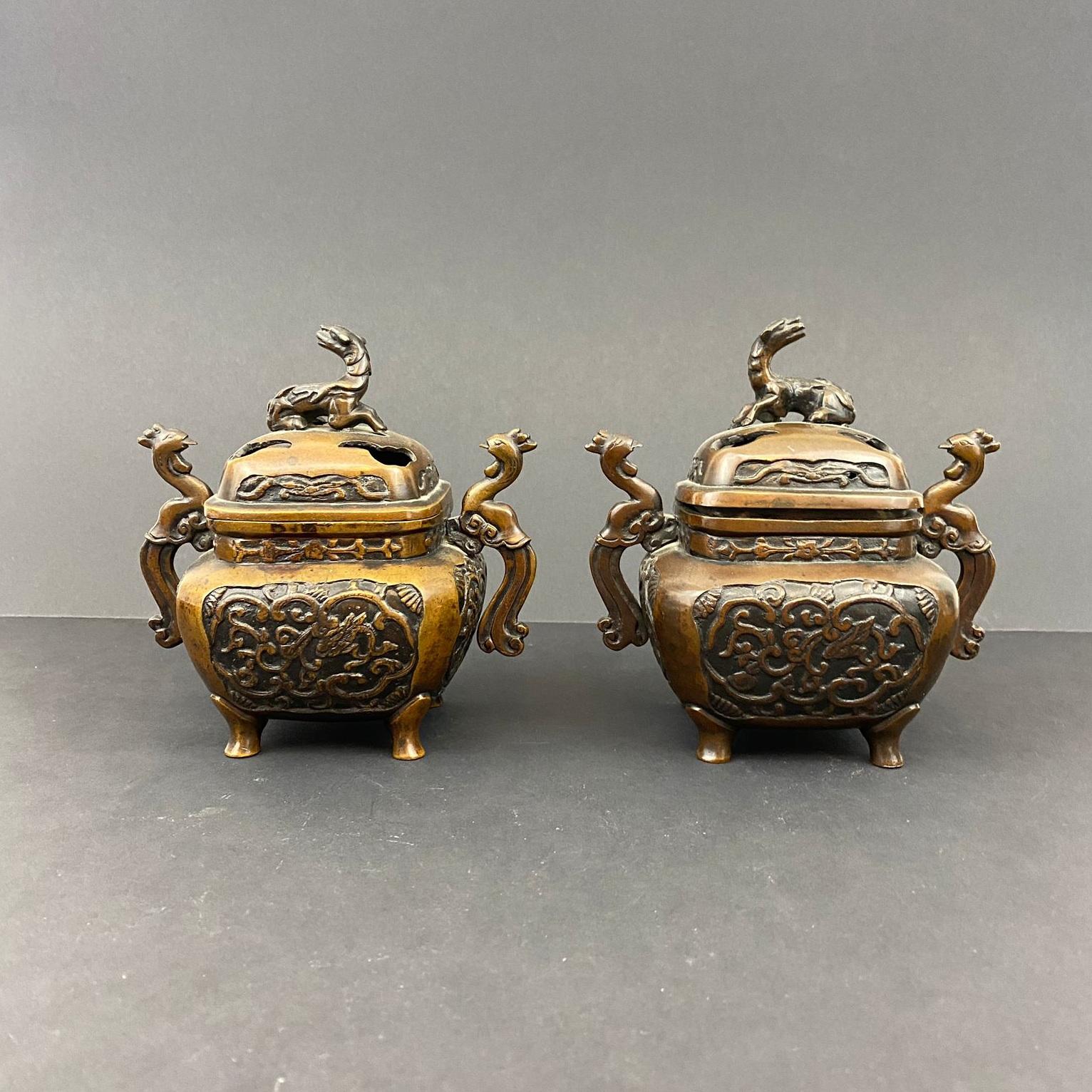 Cast Pair of Vintage Asian Bronze Incense Burners , Koro For Sale