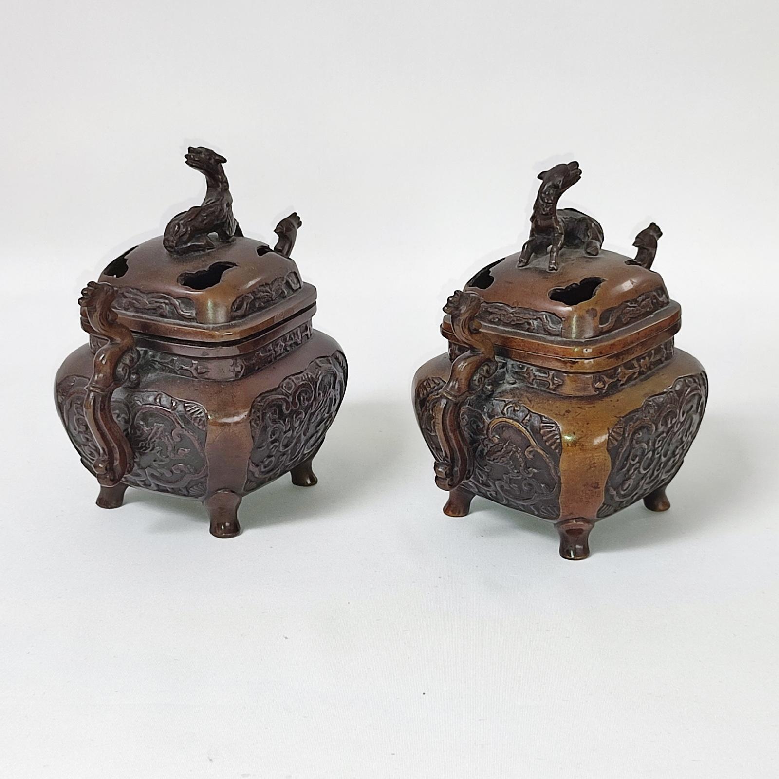 Pair of Vintage Asian Bronze Incense Burners , Koro In Good Condition For Sale In Bochum, NRW