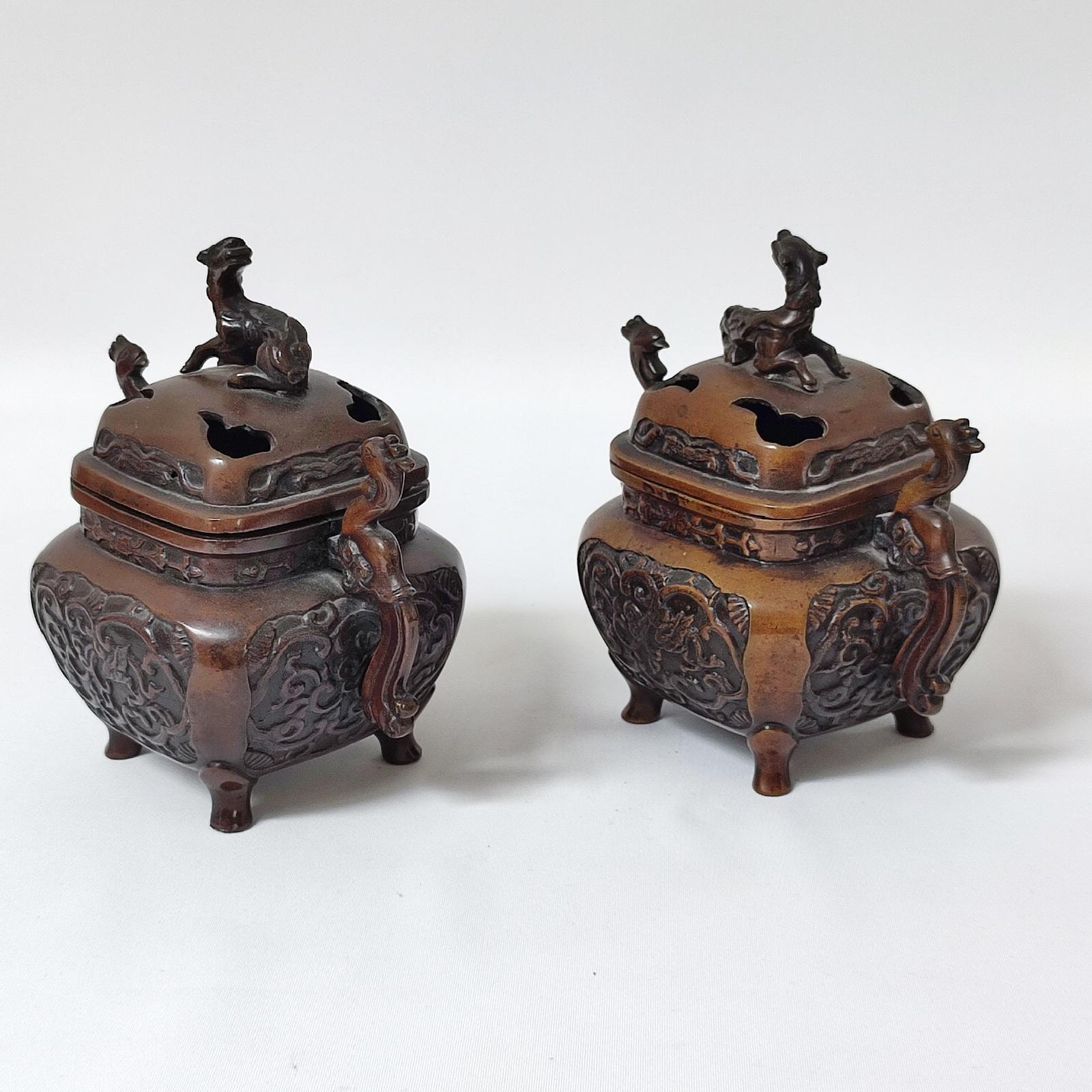 Pair of Vintage Asian Bronze Incense Burners , Koro For Sale 1