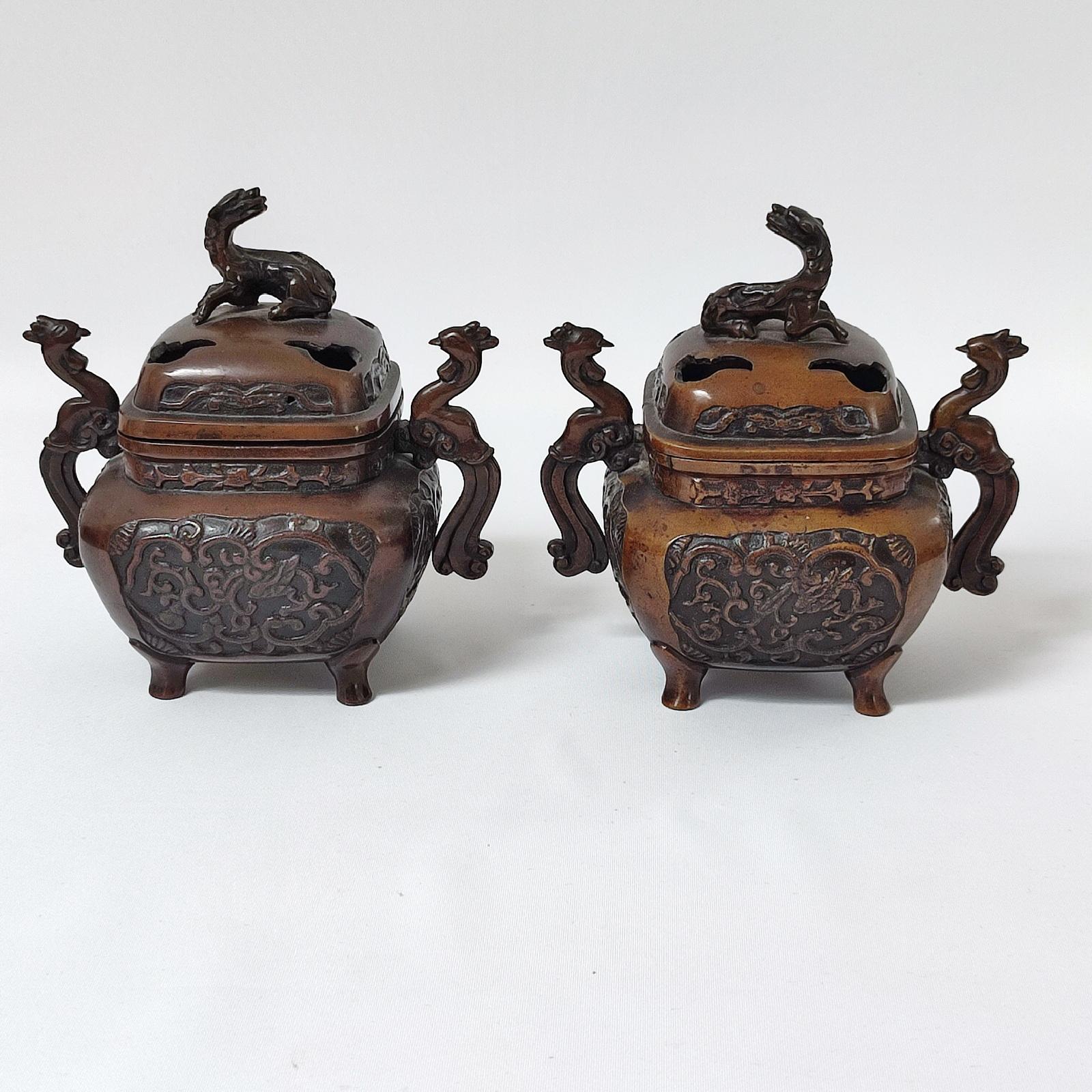 Pair of Vintage Asian Bronze Incense Burners , Koro For Sale 2