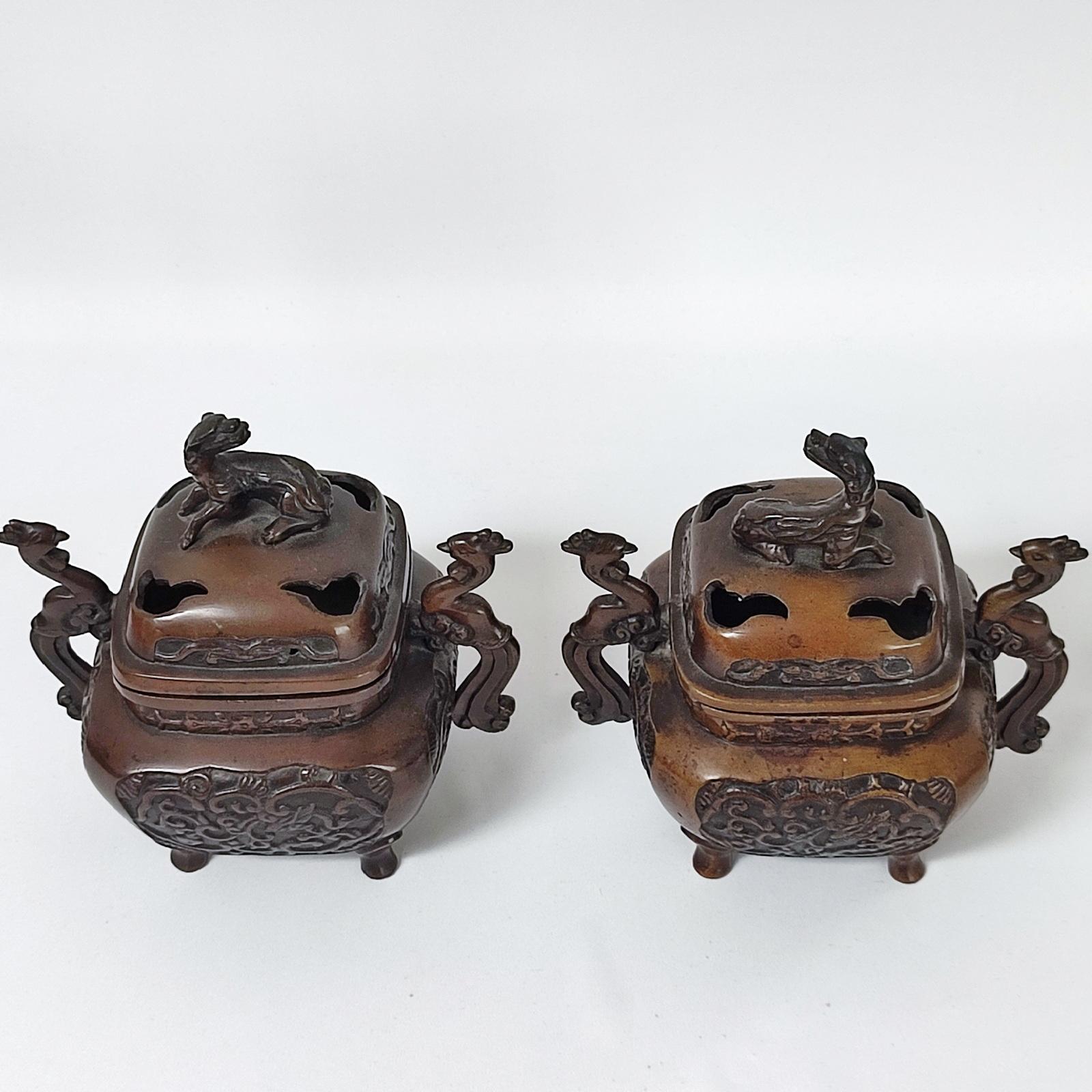 Pair of Vintage Asian Bronze Incense Burners , Koro For Sale 3