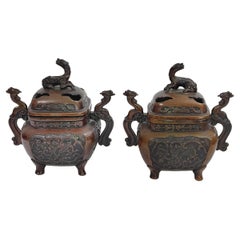Paire de brûleurs d'encens asiatiques vintage en bronze, Koro