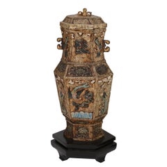 Pair of Vintage Asian Carved Hard Stone Urns on Stands with Intricate Detail