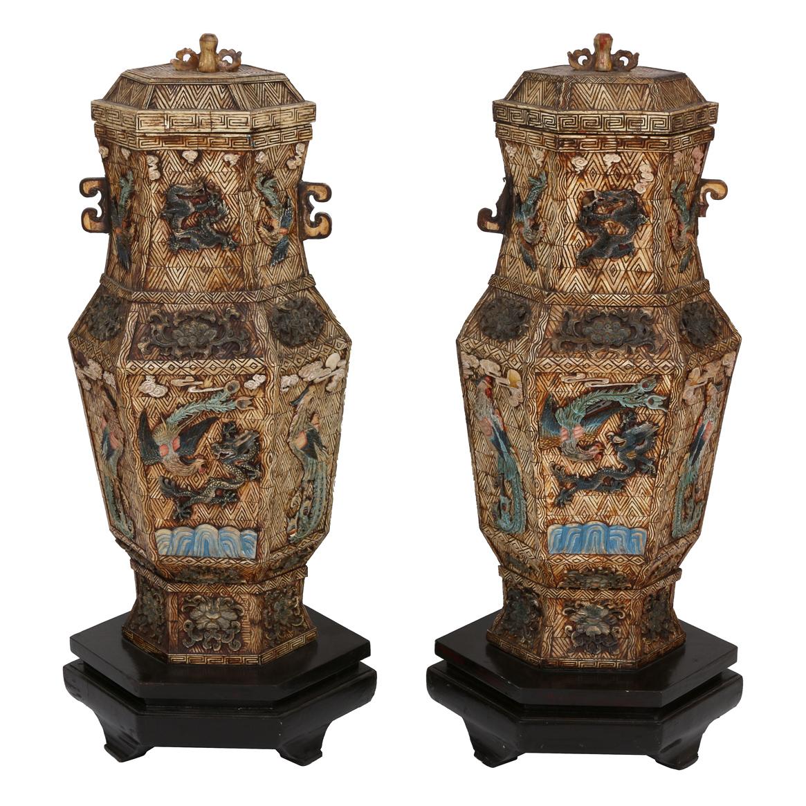 Hand-Carved Pair of Vintage Asian Carved Hard Stone Urns on Stands with Intricate Detail For Sale