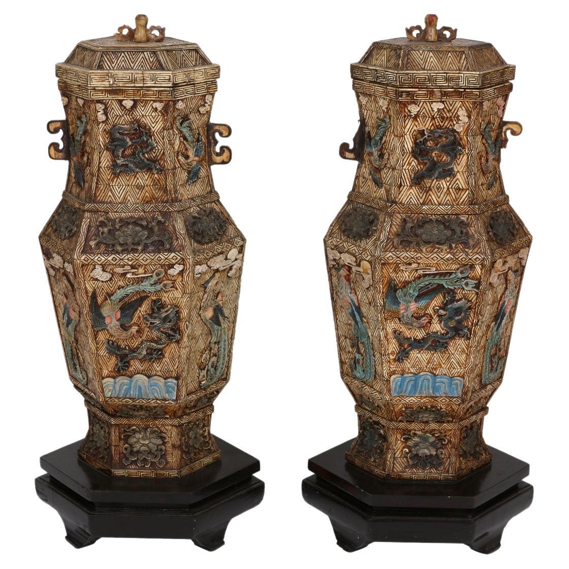 Pair of Vintage Asian Carved Hard Stone Urns on Stands with Intricate Detail