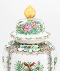 Pair of Vintage Asian Floral Painted Porcelain Covered Urns