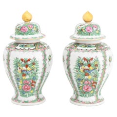 Pair of Vintage Asian Floral Painted Porcelain Covered Urns