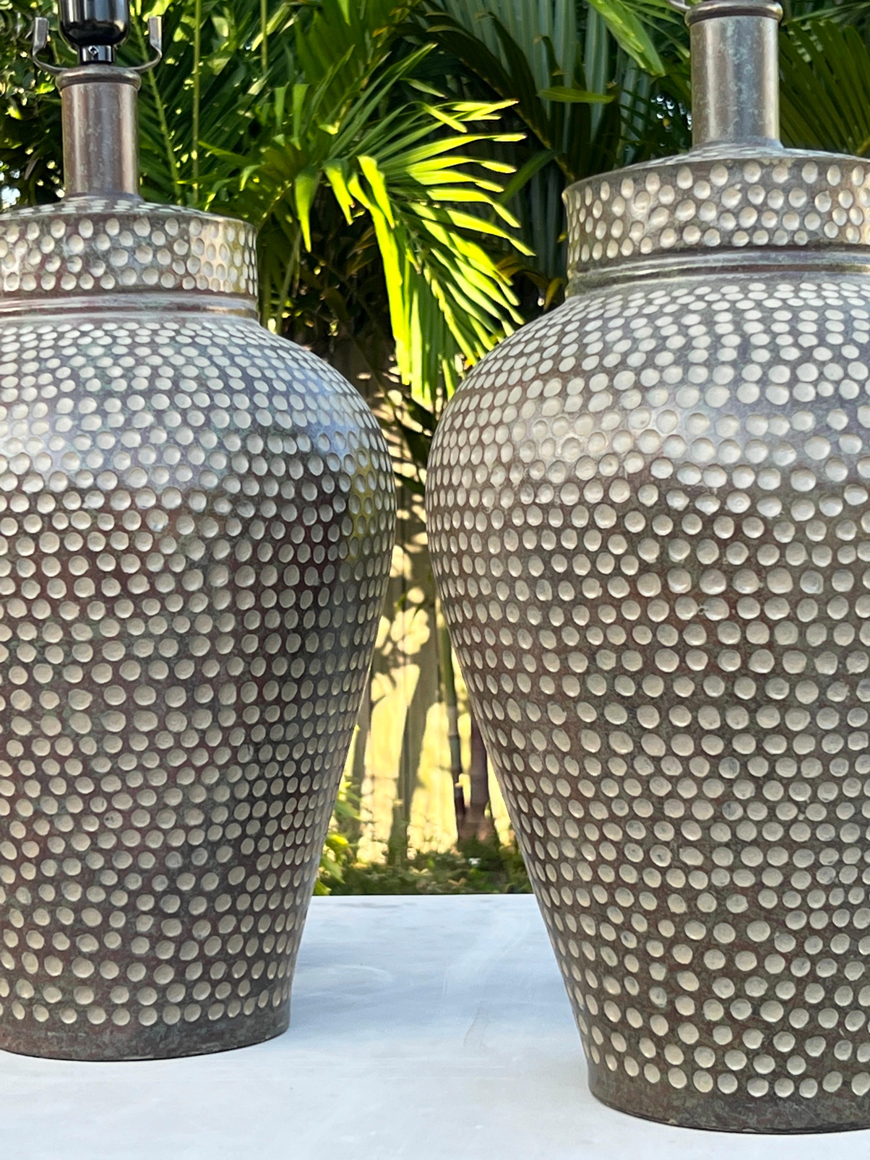 Patinated Pair of Chinese Ginger Jar Lamps in Hammered Resin For Sale
