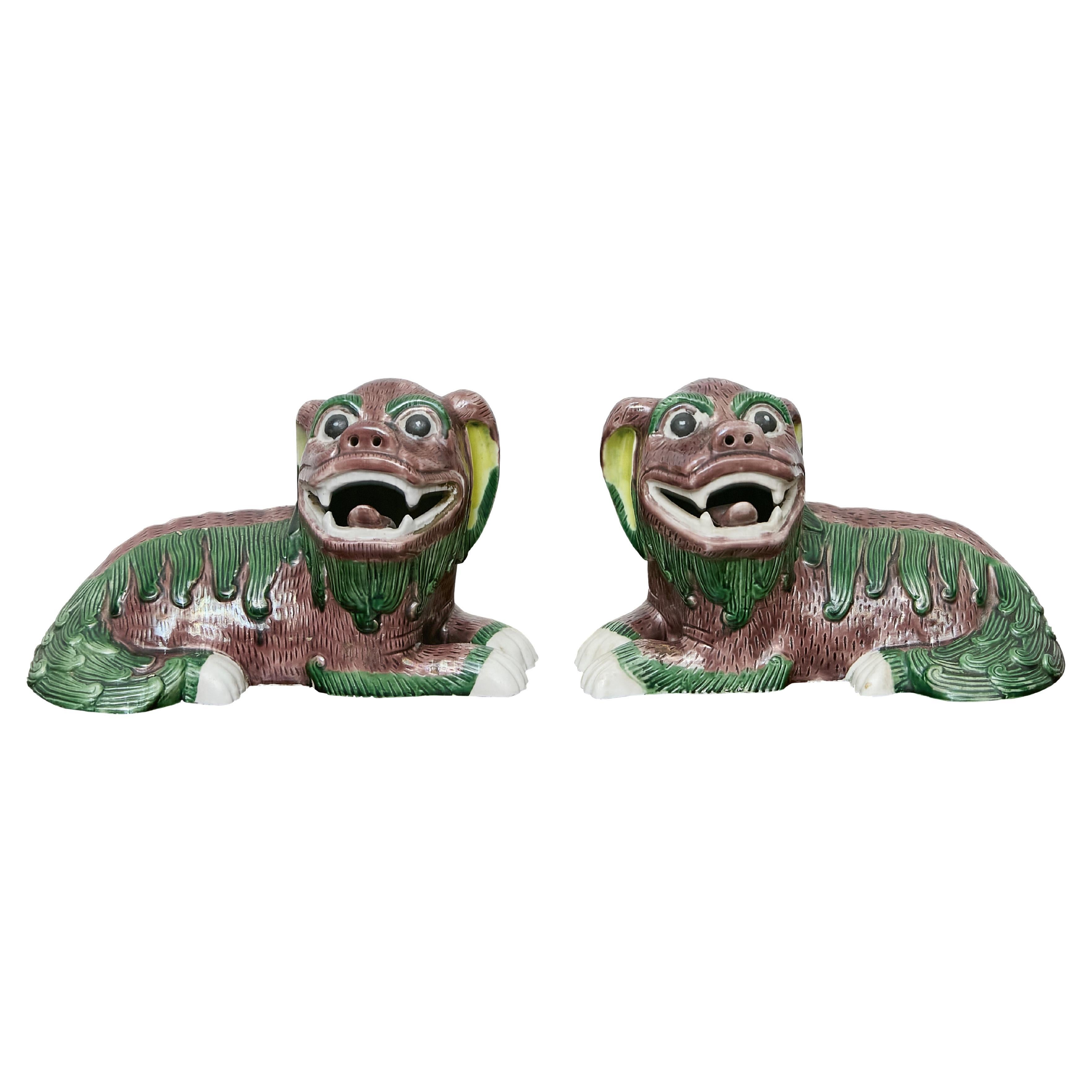 Pair of Vintage Asian Glazed Ceramic Foo Dogs Figurines