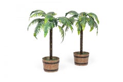 Pair of Vintage Asian Green and Gold Tole Bonsai Palm Tree Sculptures
